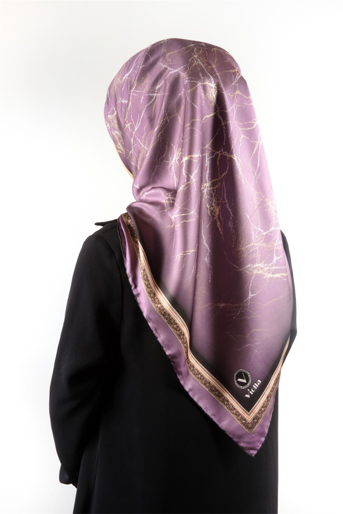 Twill Barok Çerçeveli Mermer Desenli Lila Renkli 90x90 Eşarp (İpek İçermez) Kenar Dikiş Şekli El Dikişli