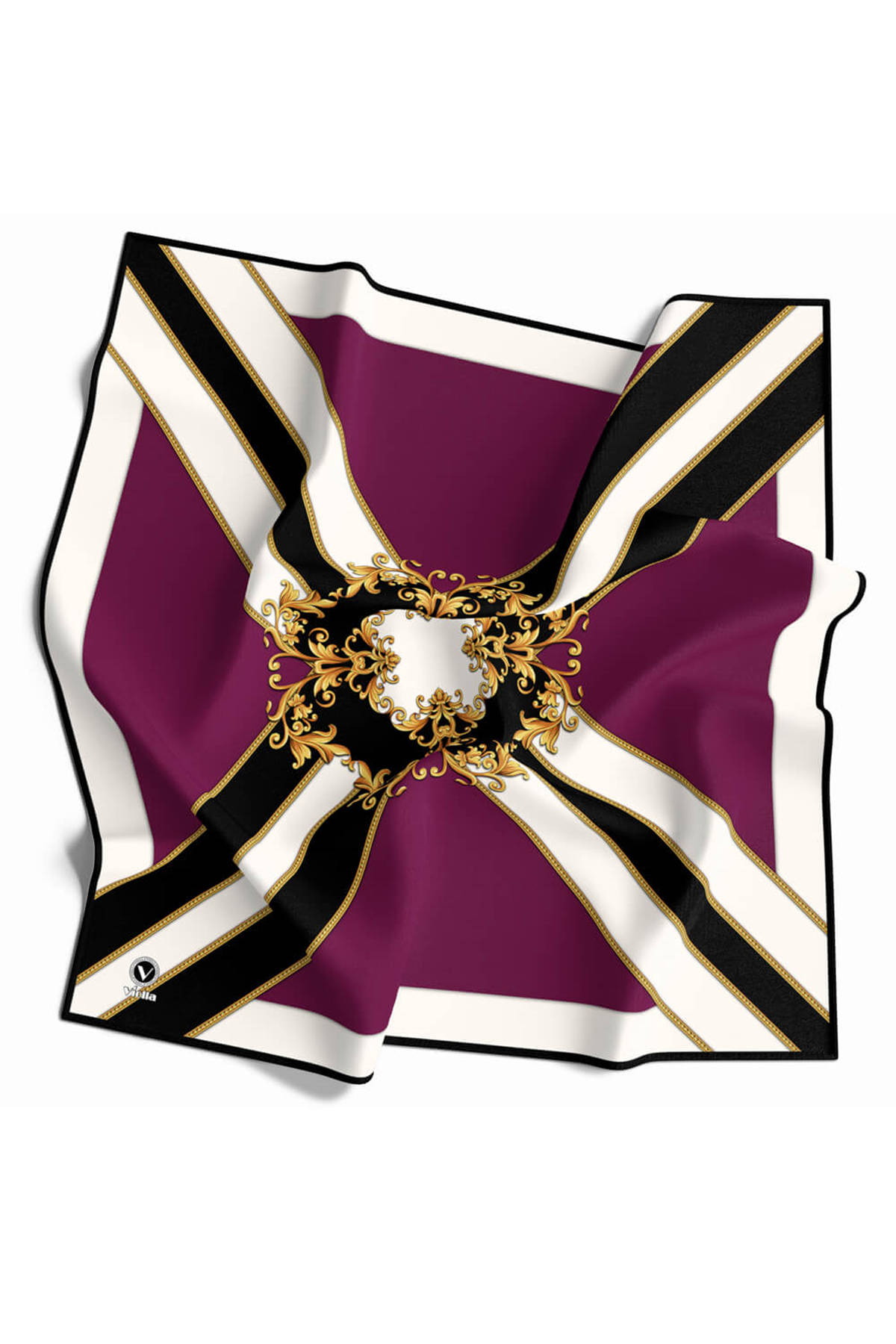 Twill Barok Desenli Mürdüm - Siyah Renkli 90x90 Dikim Şekli : El Dikişi Eşarp (İpek İçermez)