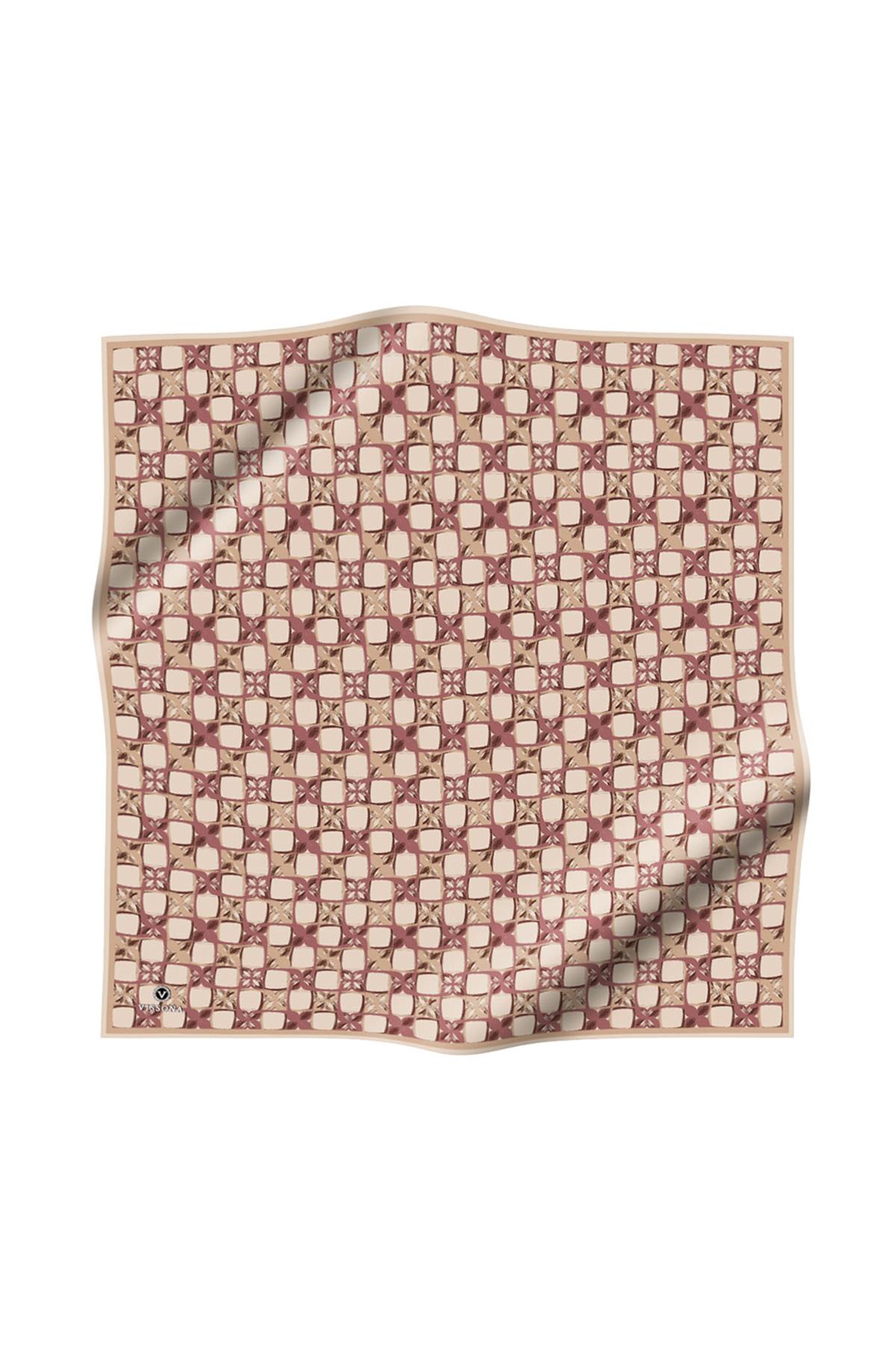 %100 Twill İpek Geometrik Desenli Bej - Gül Kurusu Renkli 90x90 Eşarp Dikim Şekli : El Dikişi