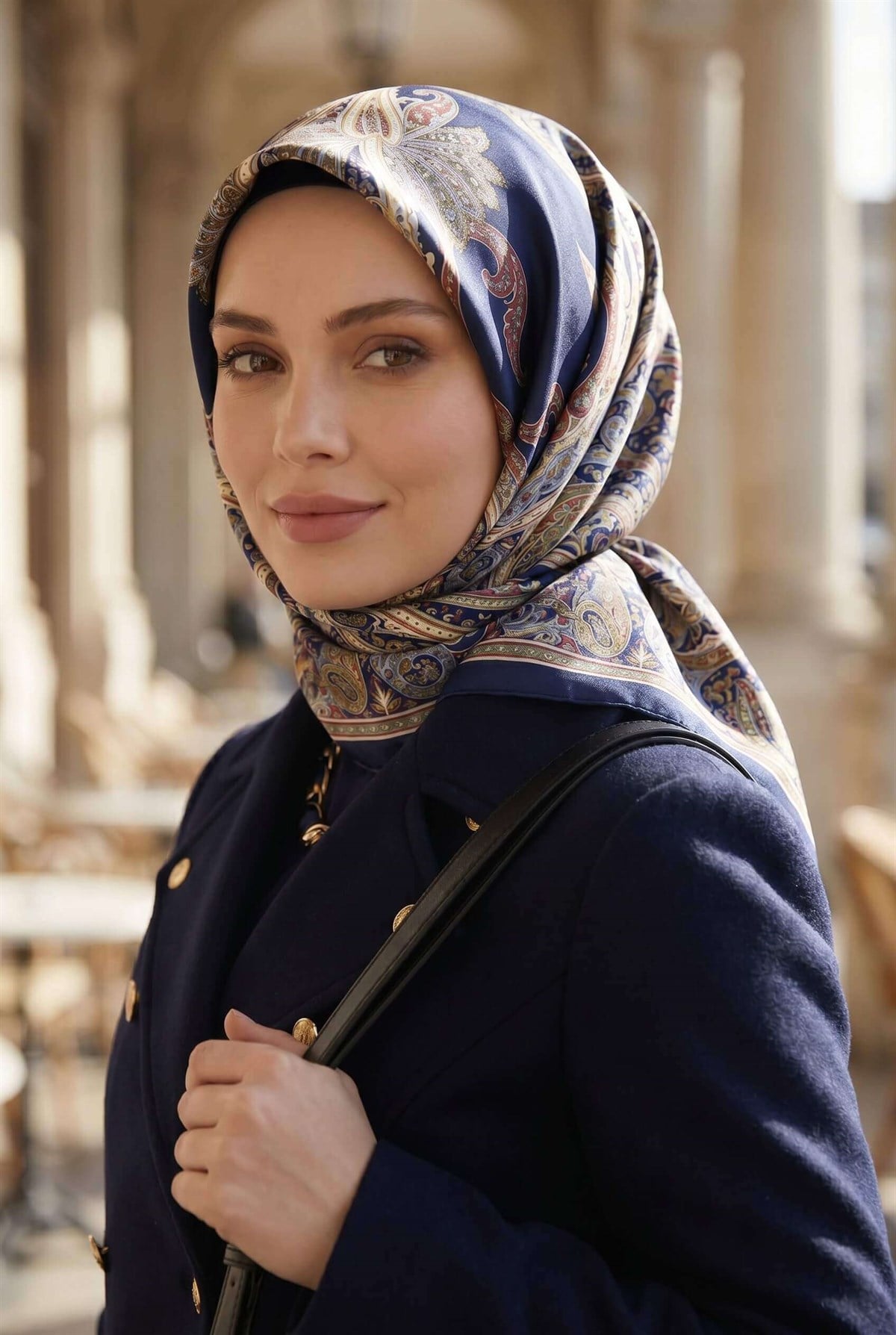 %100 Twill İpek Şal Desenli Lacivert Renkli 90x90 Eşarp Dikim Şekli : El Dikişi
