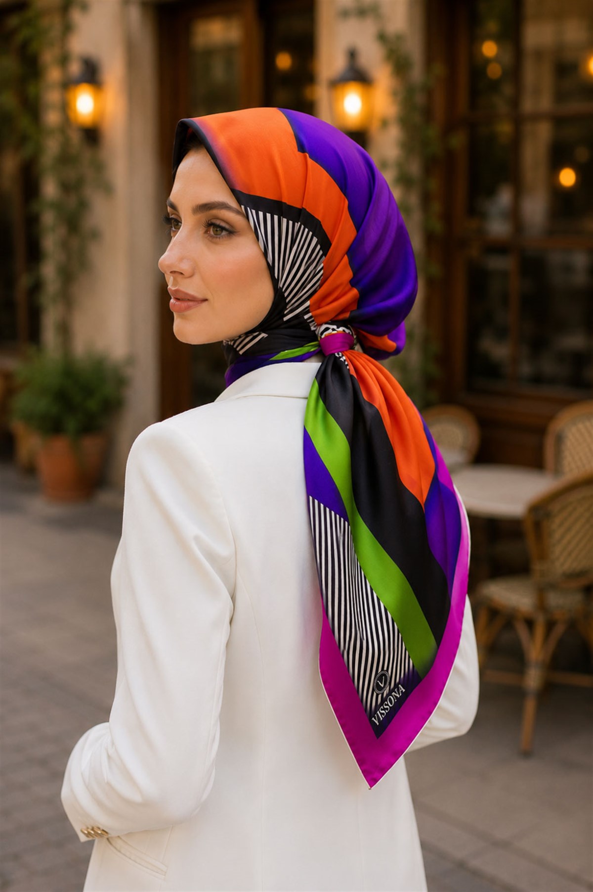 %100 Twill Renk Bloklu Çizgili Desenli Turuncu - Mor Renkli 90x90 Eşarp Dikim Şekli: El Dikişii