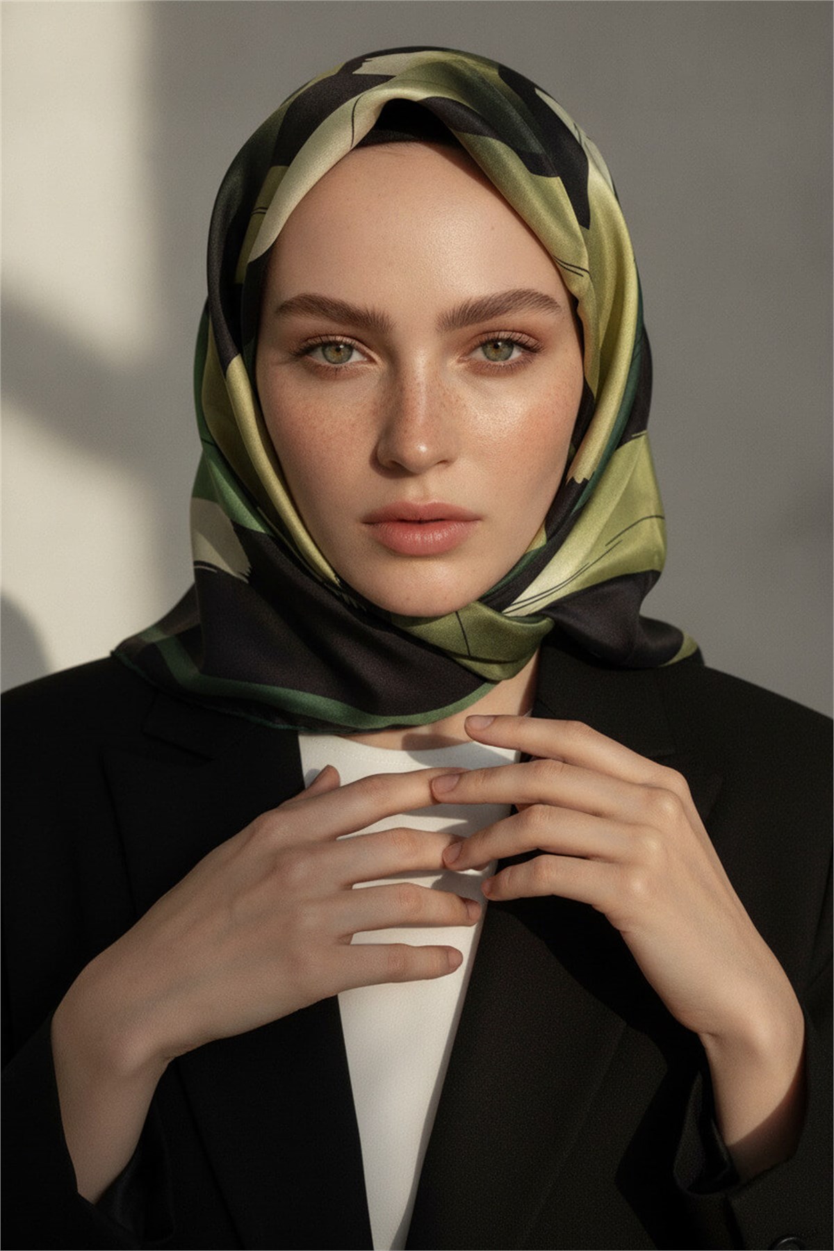 %100 Twill İpek Geometrik Fırça İzi Desenli Siyah - Zümrüt Yeşili Renkli 90x90 Eşarp Dikim Şekli : El Dikişi