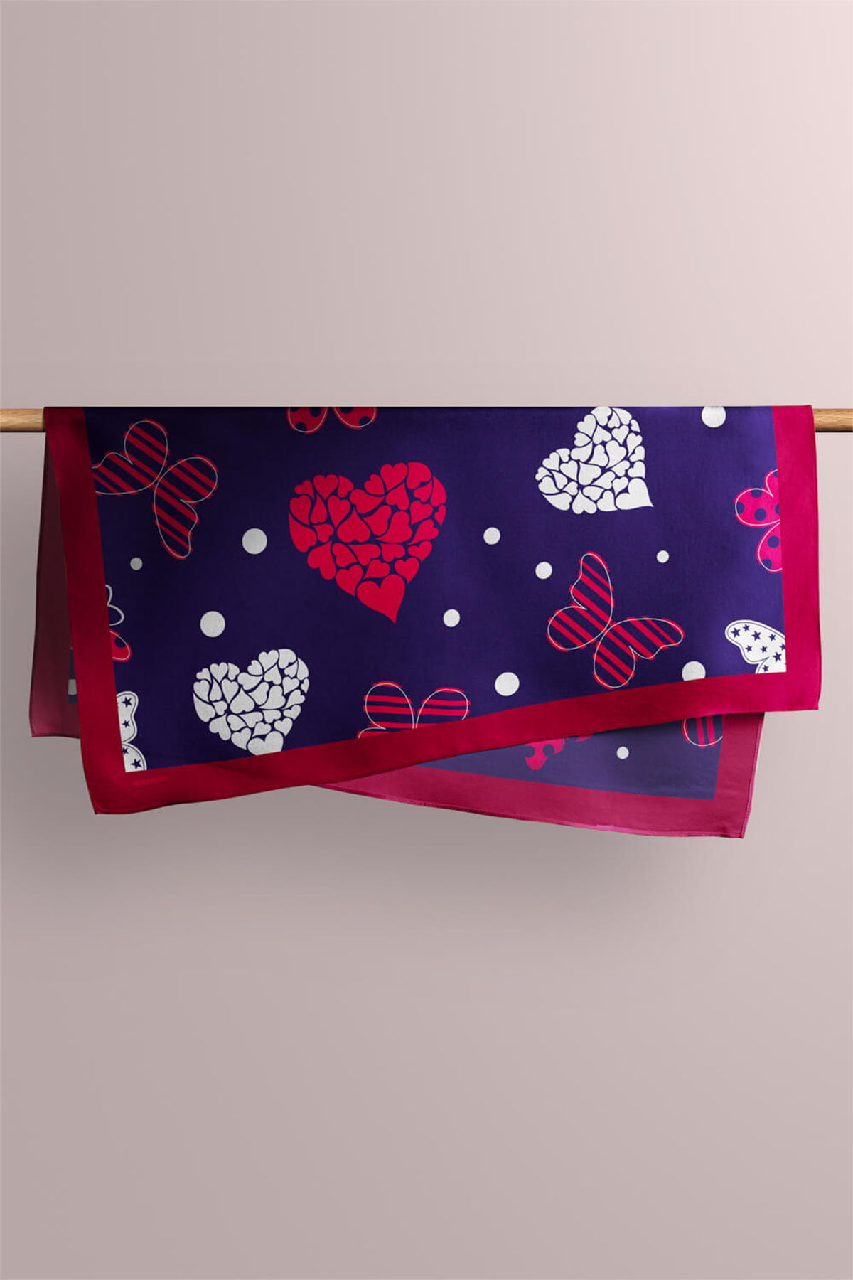 Y16 Kadın Kalp Ve Kelebek Desenli Bandana 50x50 Kırmızı Beyaz Mavi DG0471-22