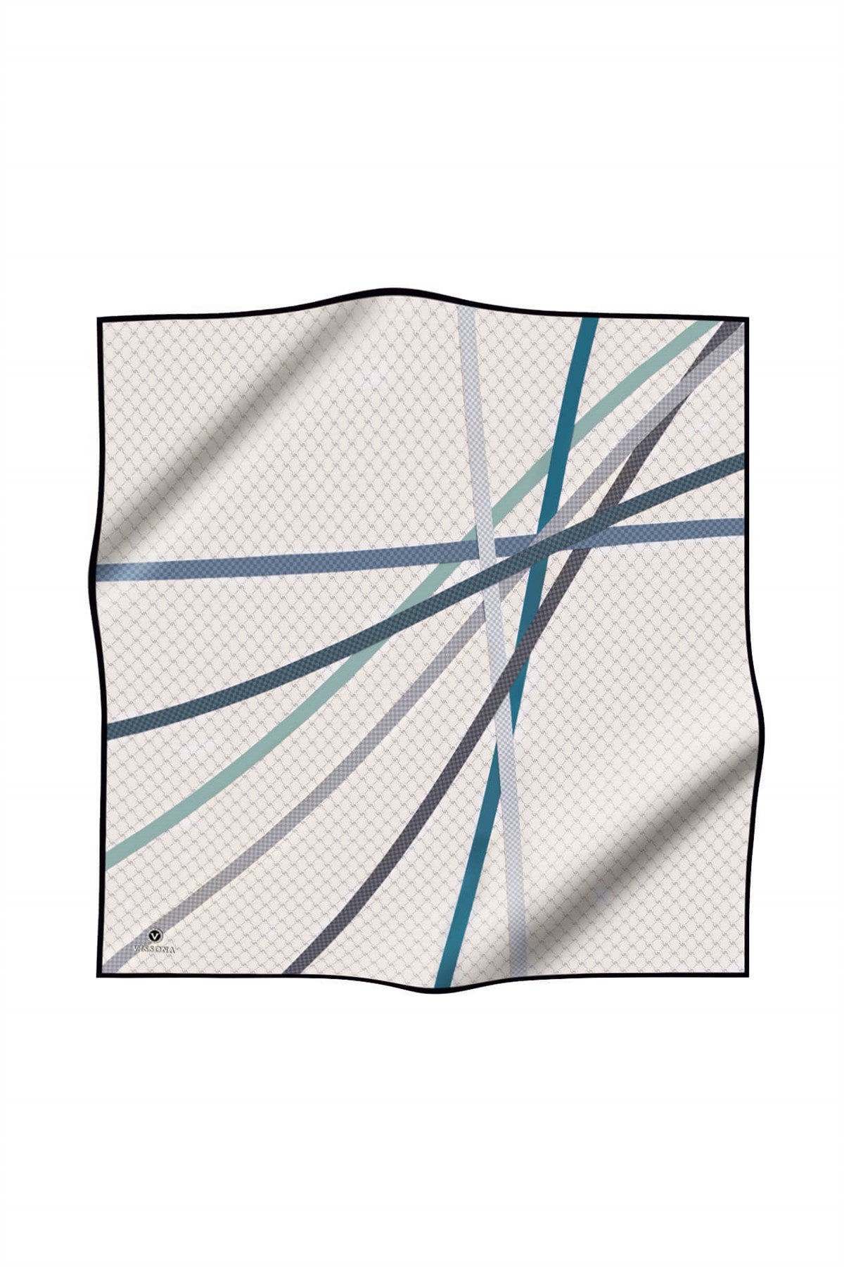 %100 Twill İpek Monogram Ve Şerit Desenli Gri - Koyu Mint Yeşili Renkli 90x90 Eşarp Dikim Şekli : El Dikişi