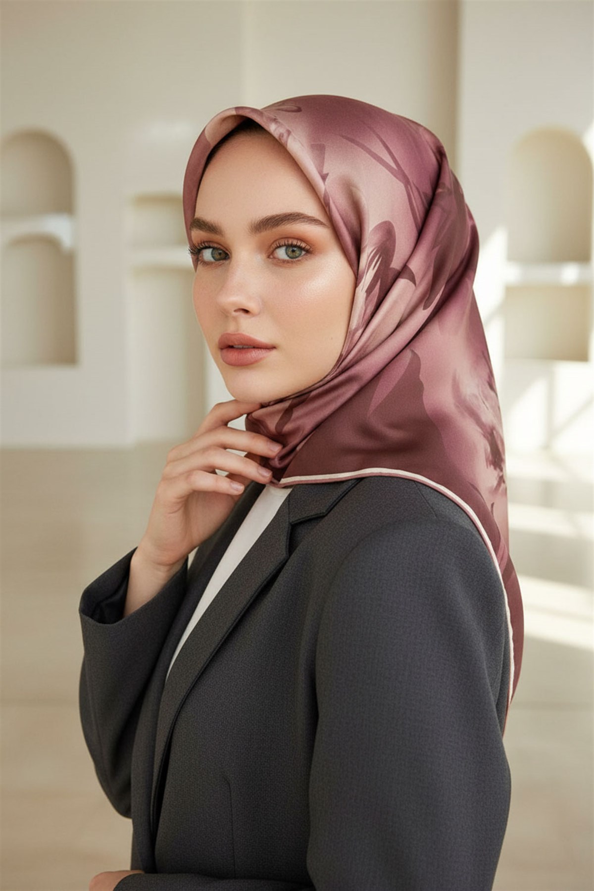 % 57 İPEK % 43 VİSKON Twill İpek Çiçek Desenli Pudra Renkli 90x90 Dikim Şekli : El Dikişi Eşarp