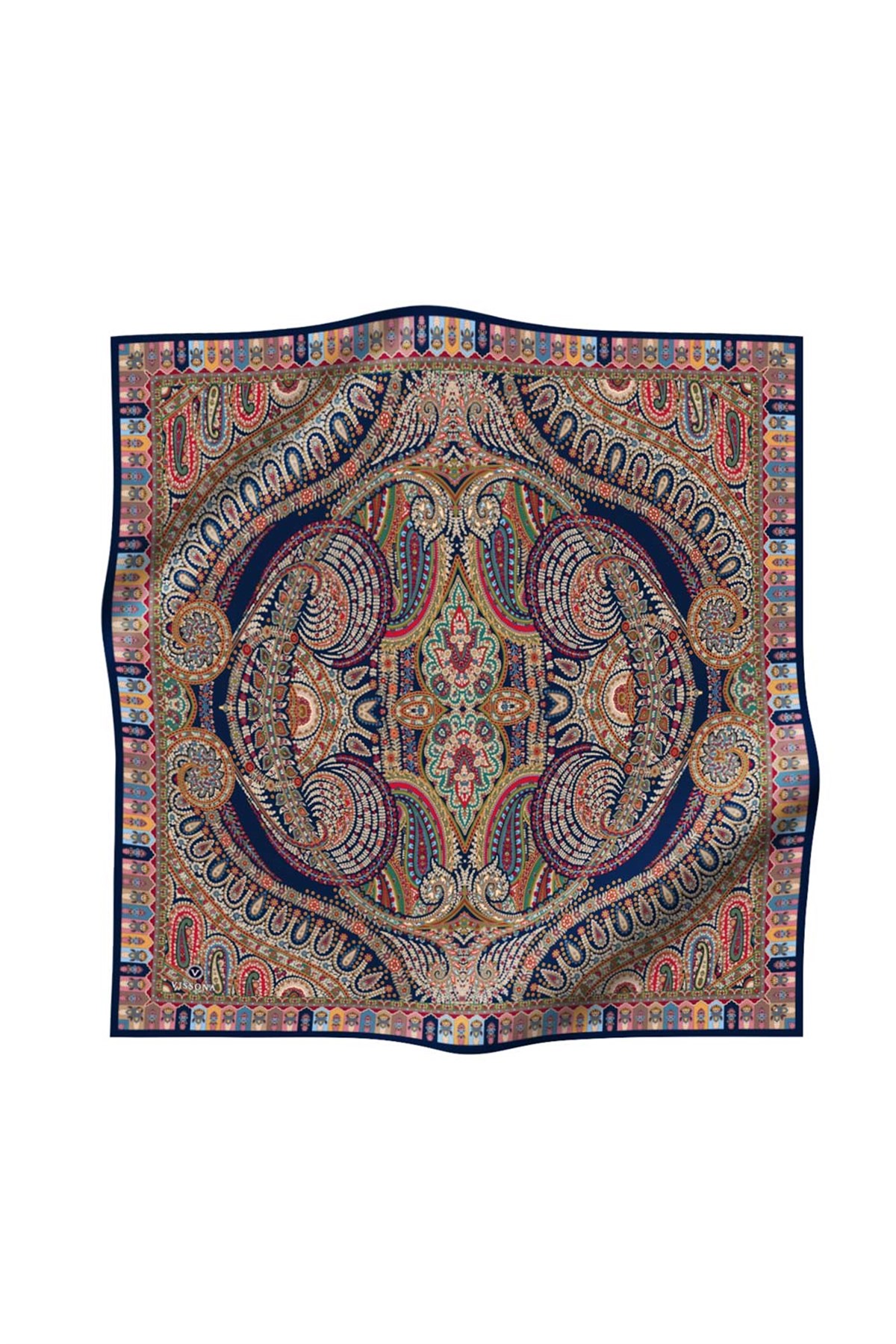 %100 Twill İpek Etro Desenli Lacivert Renkli 90x90 Eşarp Dikim Şekli : El Dikişi