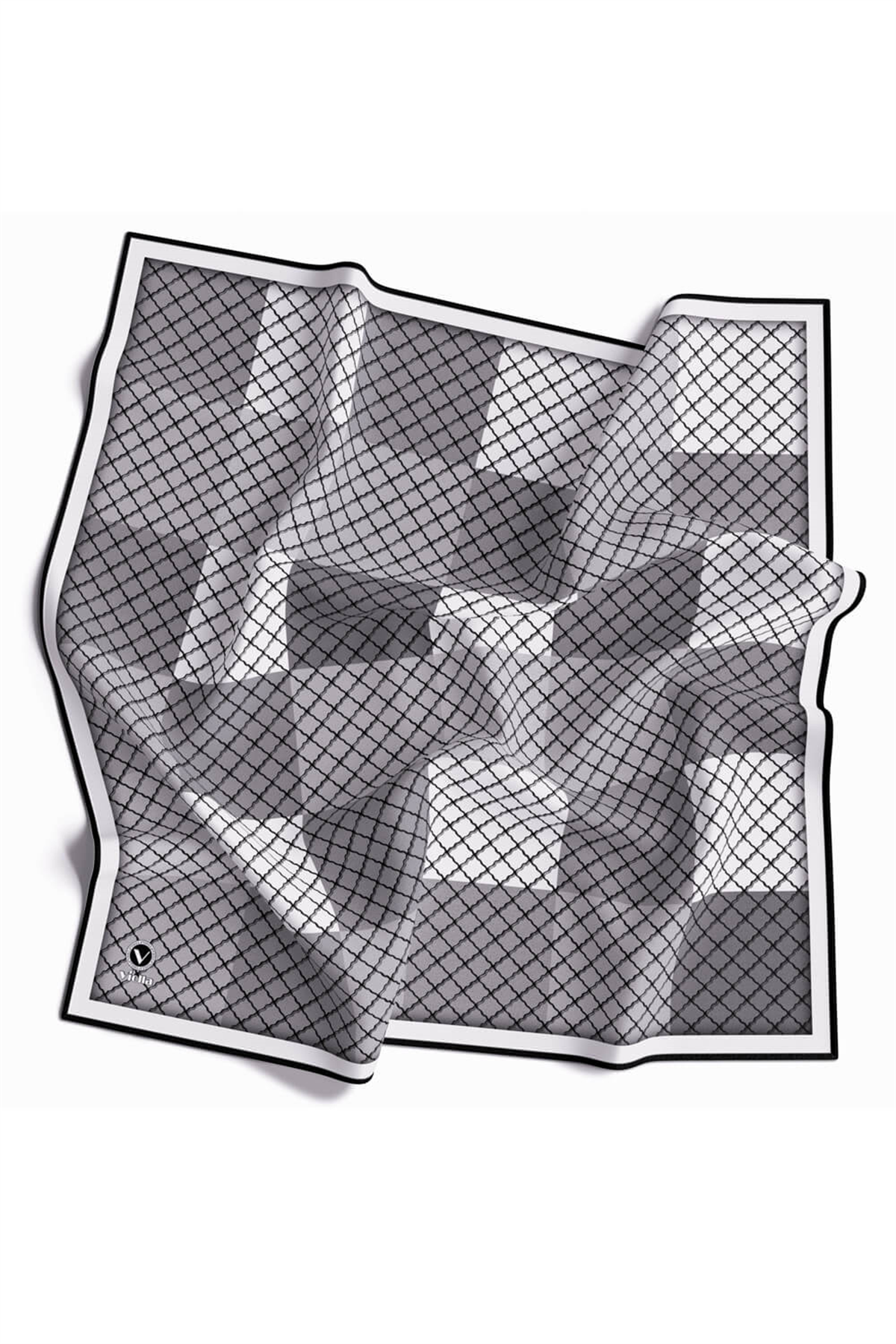 Twill Kare Desenli Gri Renkli 90x90 Eşarp (İpek İçermez) Kenar Dikiş Şekli El Dikişli