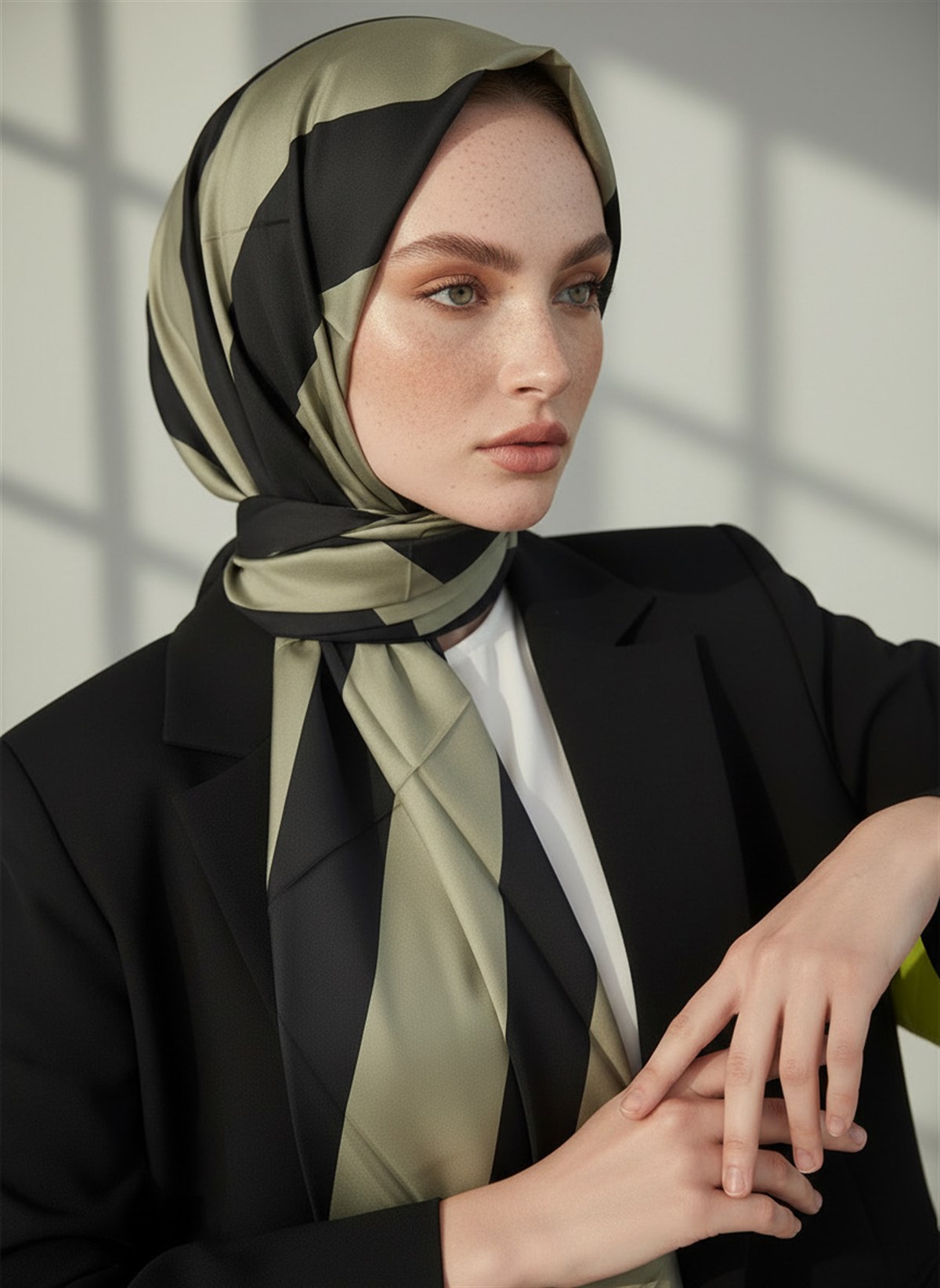 %100 Saf İpek Şal İnce Saten Vual Dokuma Çizgili Desenli Haki - Siyah Renkli 90x210 Şal