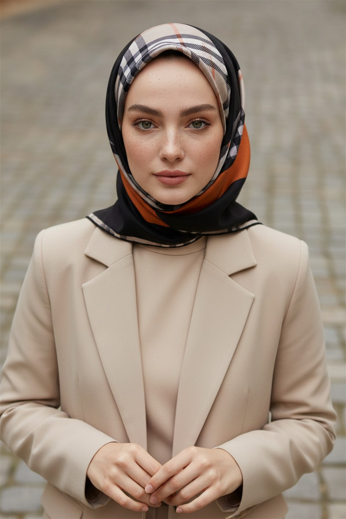 %100 Twill İpek Ekose Desenli Taba - Siyah Renkli 90x90 Eşarp Dikim Şekli : El Dikişi