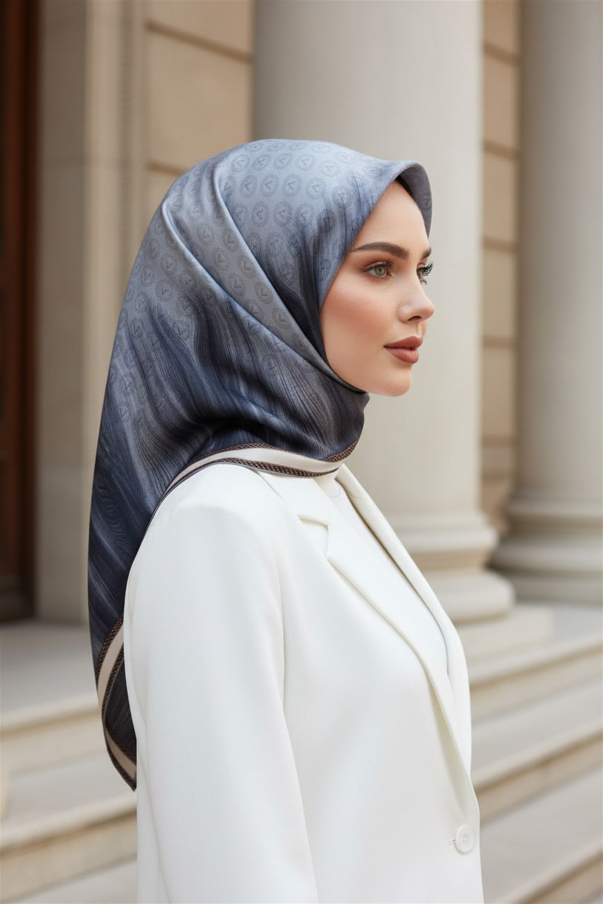 100% Twill İpek Monogram Desenli Gri Renkli 90x90 Dikim Şekli : El Dikişi Eşarp