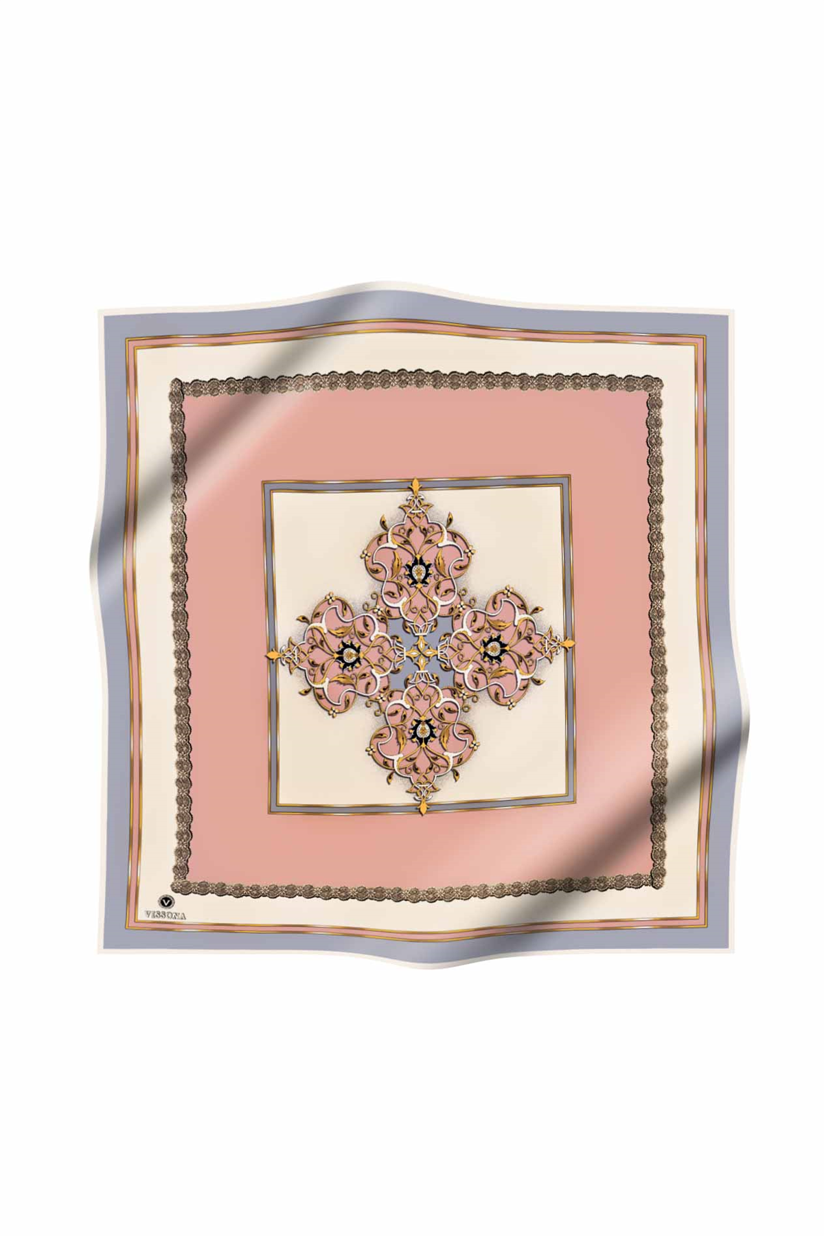 %100 Twill Barok Desenli Pudra - Gri Renkli 90x90 Eşarp Dikim Şekli: El Dikişi