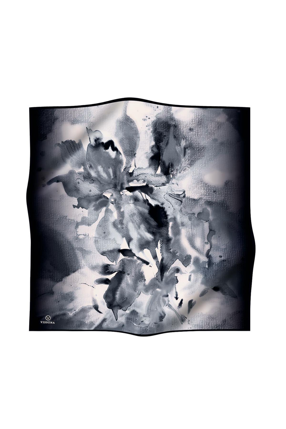 %100 Twill İpek Suluboya Çiçek Desenli Gri - Siyah Renkli 90x90 Eşarp Dikim Şekli : El Dikişi