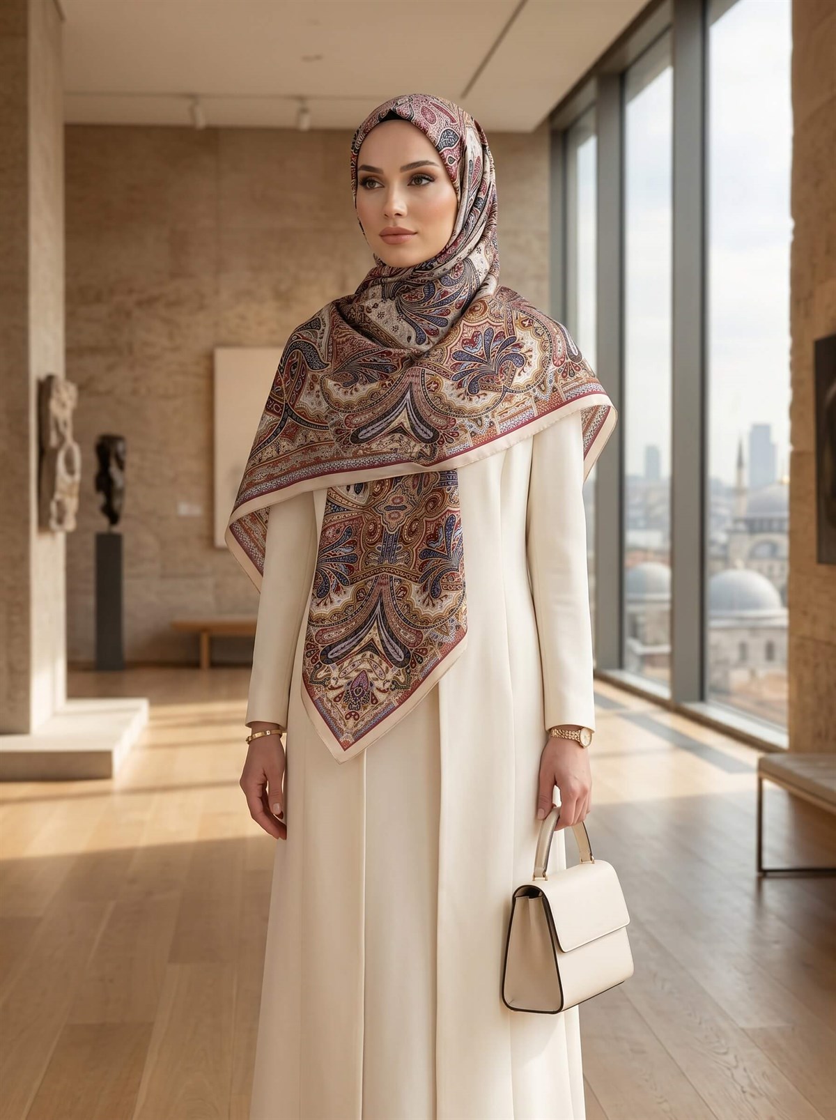 100% İpek Etro Desenli Taş - Bordo Renkli 92x210 Şal