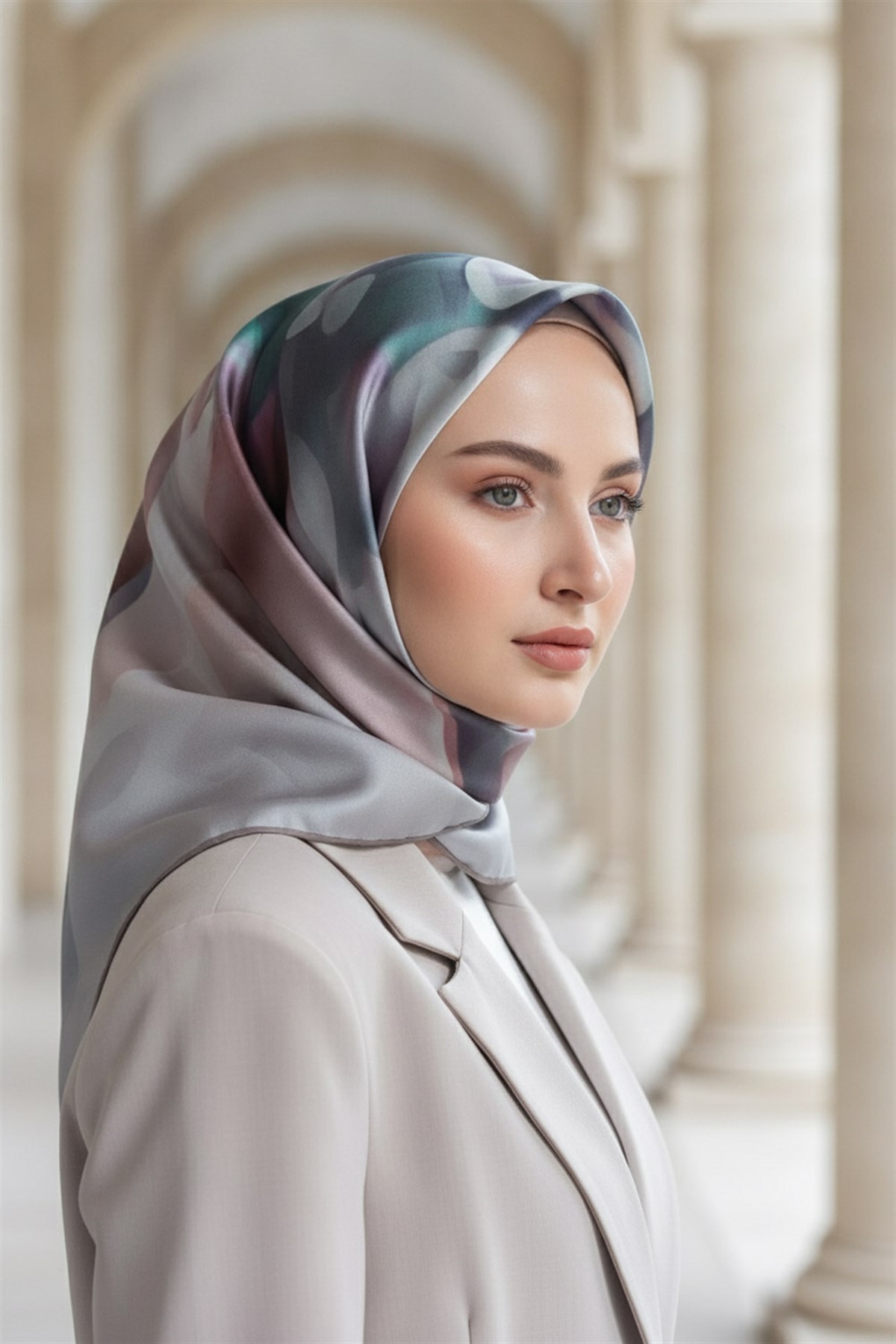 %100 Twill İpek Büyük Çiçek Desenli Gri - Somon Renkli 90x90 Eşarp Dikim Şekli : El Dikişi