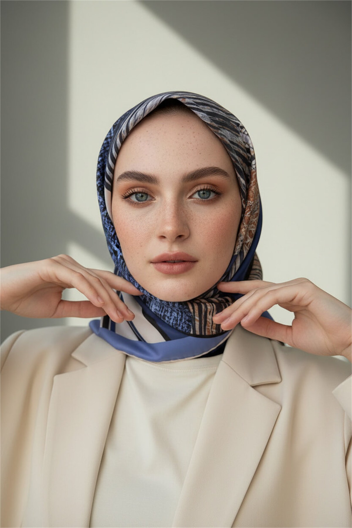 Twill Dalgalı Geometrik Desenli Saks Renkli 90x90 Eşarp (İpek İçermez) Kenar Dikiş Şekli El Dikişli