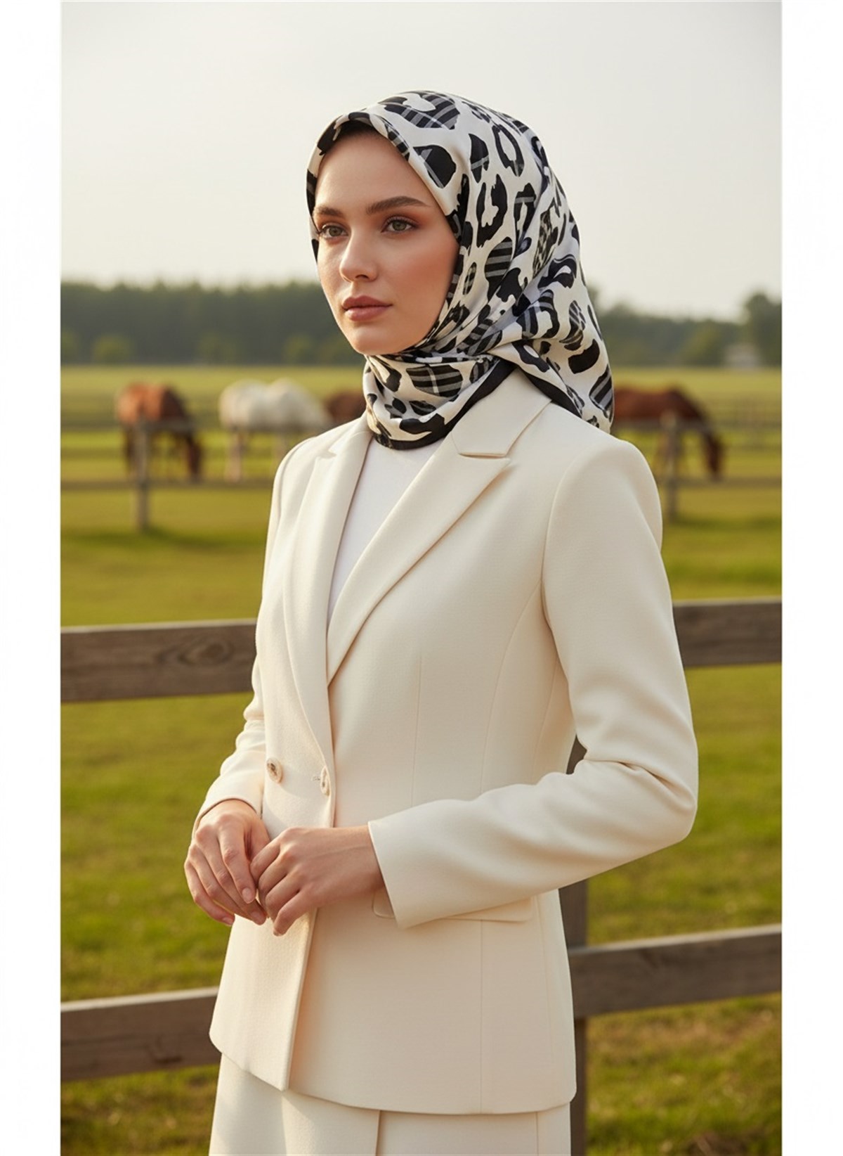 %100 Twill İpek Leopar Desenli Krem - Siyah Renkli 90x90 Eşarp Dikim Şekli : El Dikişi