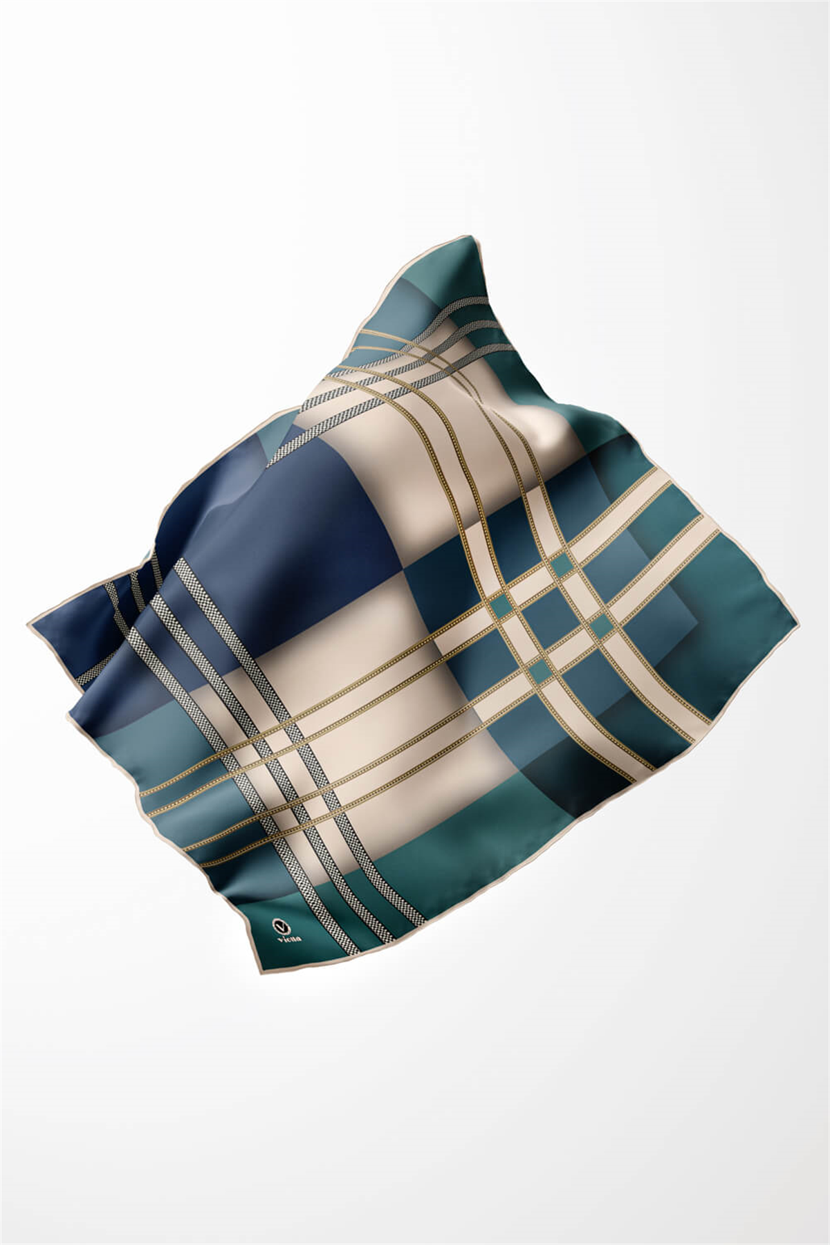 Twill Geometrik Desenli Petrol Yeşili - İndigo Renkli 90x90 Eşarp (İpek İçermez) Kenar Dikiş Şekli El Dikişli