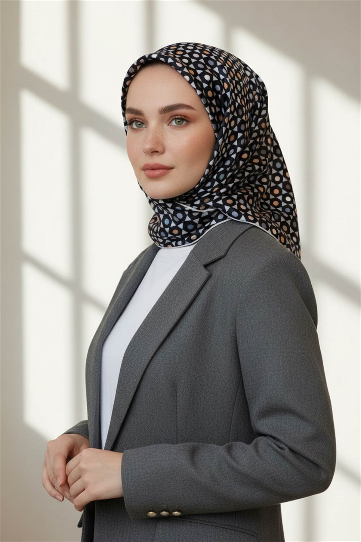 %100 Twill İpek Nokta Desenli Siyah - Gri Renkli 90x90 Eşarp Dikim Şekli : El Dikişi