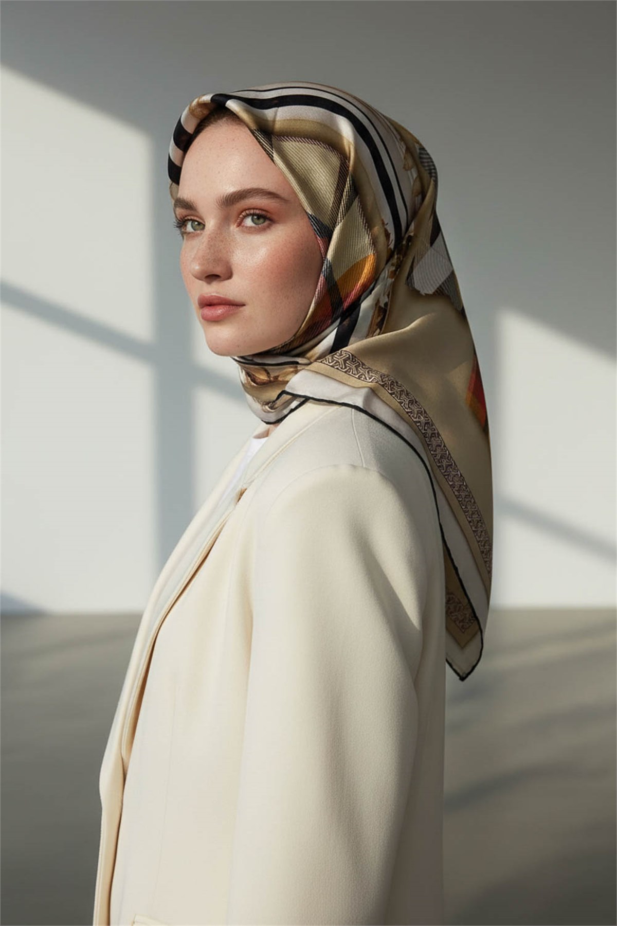 %100 Twill İpek Ekose Desenli Bej - Kırmızı Renkli 90x90 Eşarp Dikim Şekli : El Dikişi