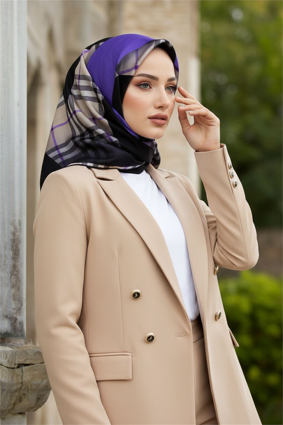 %100 Twill İpek Eşarp 90x90 Mor Siyah Ekose Desenli El Dikişli Kadın Eşarp