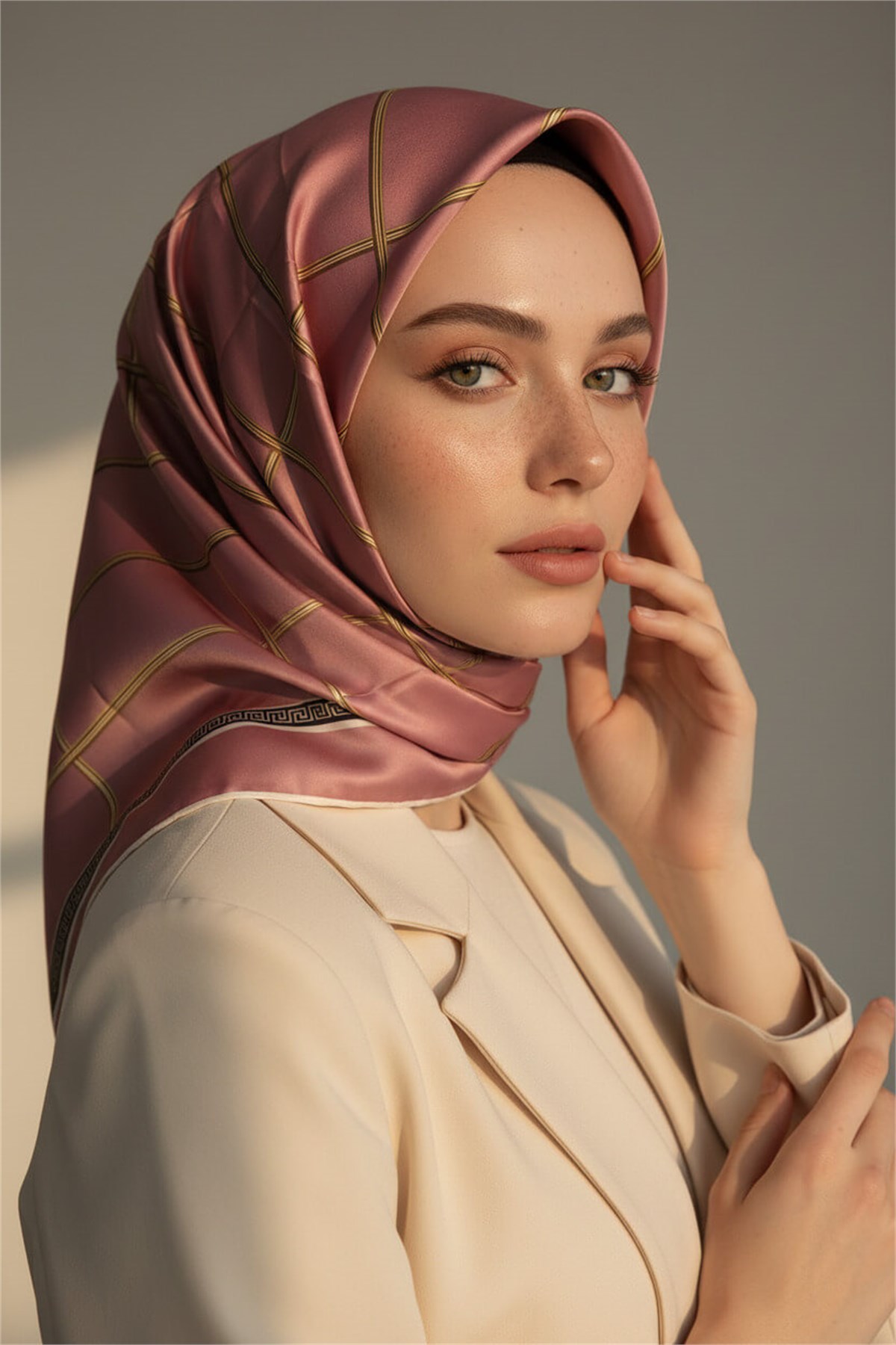 Twill Gold Detaylı Kareli Desenli Pudra Renkli 90x90 Eşarp (İpek İçermez) Kenar Dikiş Şekli El Dikişli