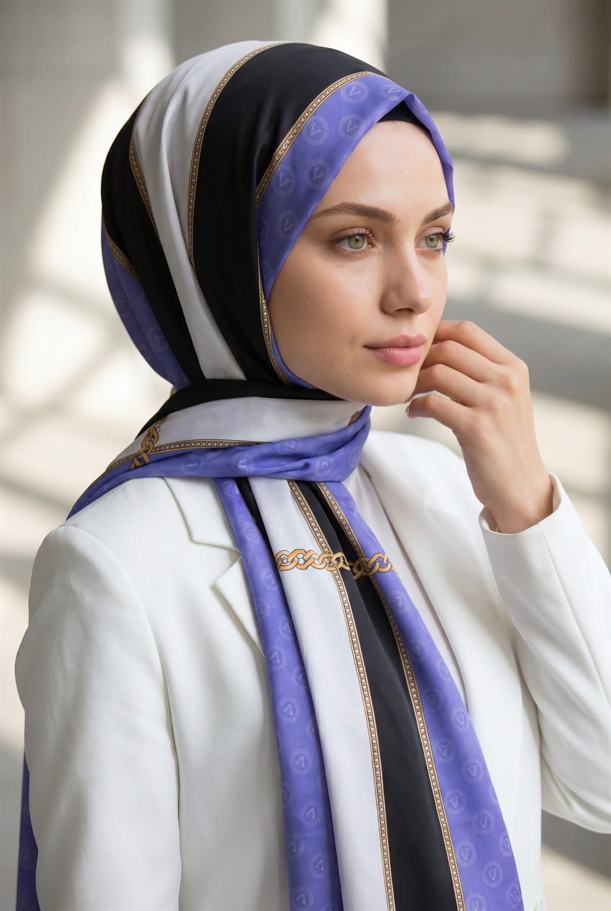 %100 Saf İpek Şal İnce Saten Vual Dokuma Geometrik Desenli Mor - Siyah Renkli 90x210 Şal
