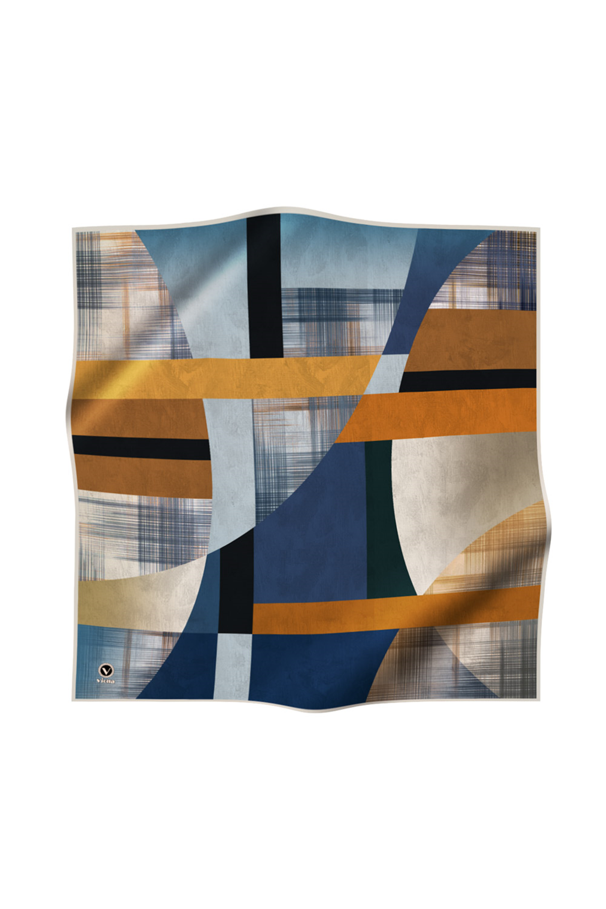 Twill Geometrik Desenli İndigo Renkli 90x90 Eşarp (İpek İçermez) Kenar Dikiş Şekli El Dikişli