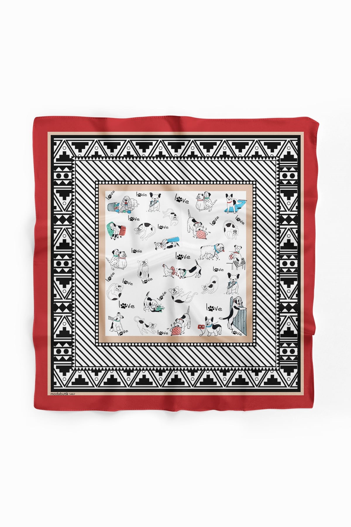 Violla Etnik Dog Desenli Kırmızı Siyah Köpek Bandanası DG5467 45x45