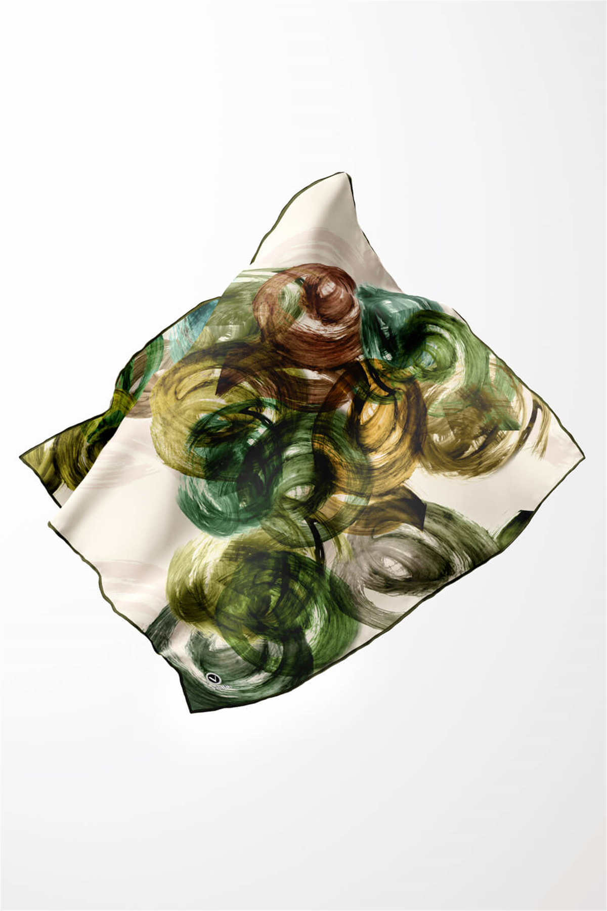 Twill Fırça Efektli Desenli Haki Renkli 90x90 Eşarp (İpek İçermez) Kenar Dikiş Şekli El Dikişli