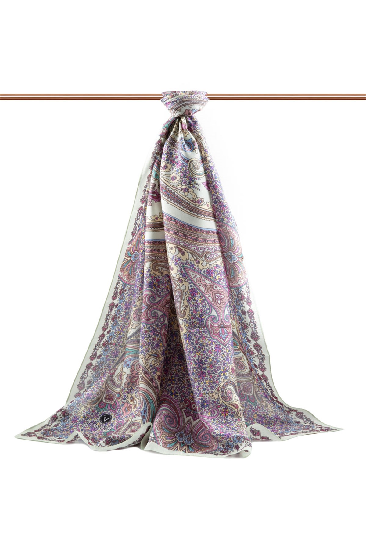 100% İpek Etro Desenli Haki - Nar Çiçeği Renkli 92x210 Şal