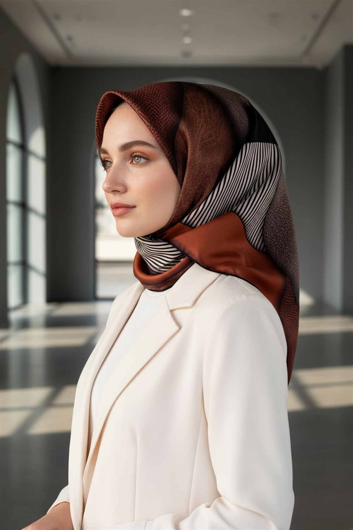 %100 Twill İpek Dokulu ve Geometrik Desenli Taba - Siyah Renkli 90x90 Eşarp Dikim Şekli : El Dikişi
