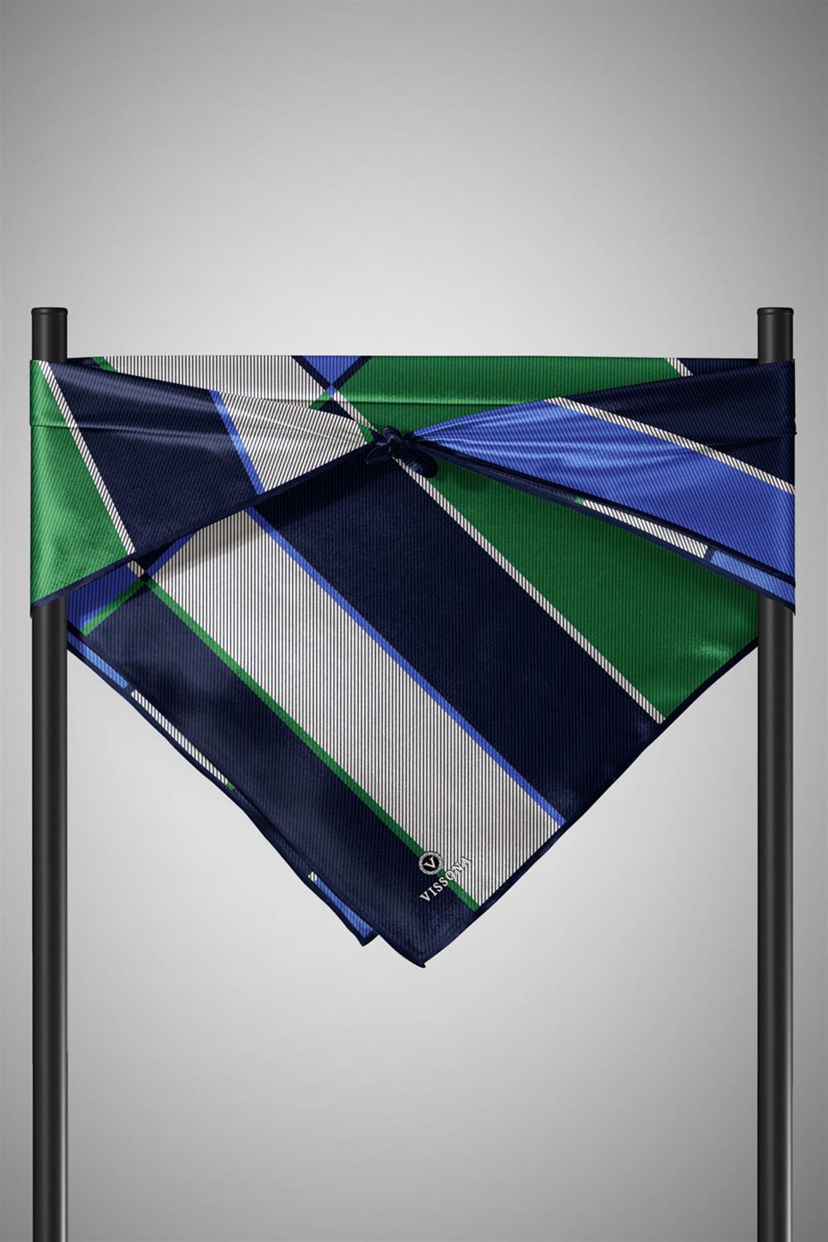 %100 Twill İpek Geometrik Desenli Saks Renkli 90x90 Eşarp Dikim Şekli : El Dikişi