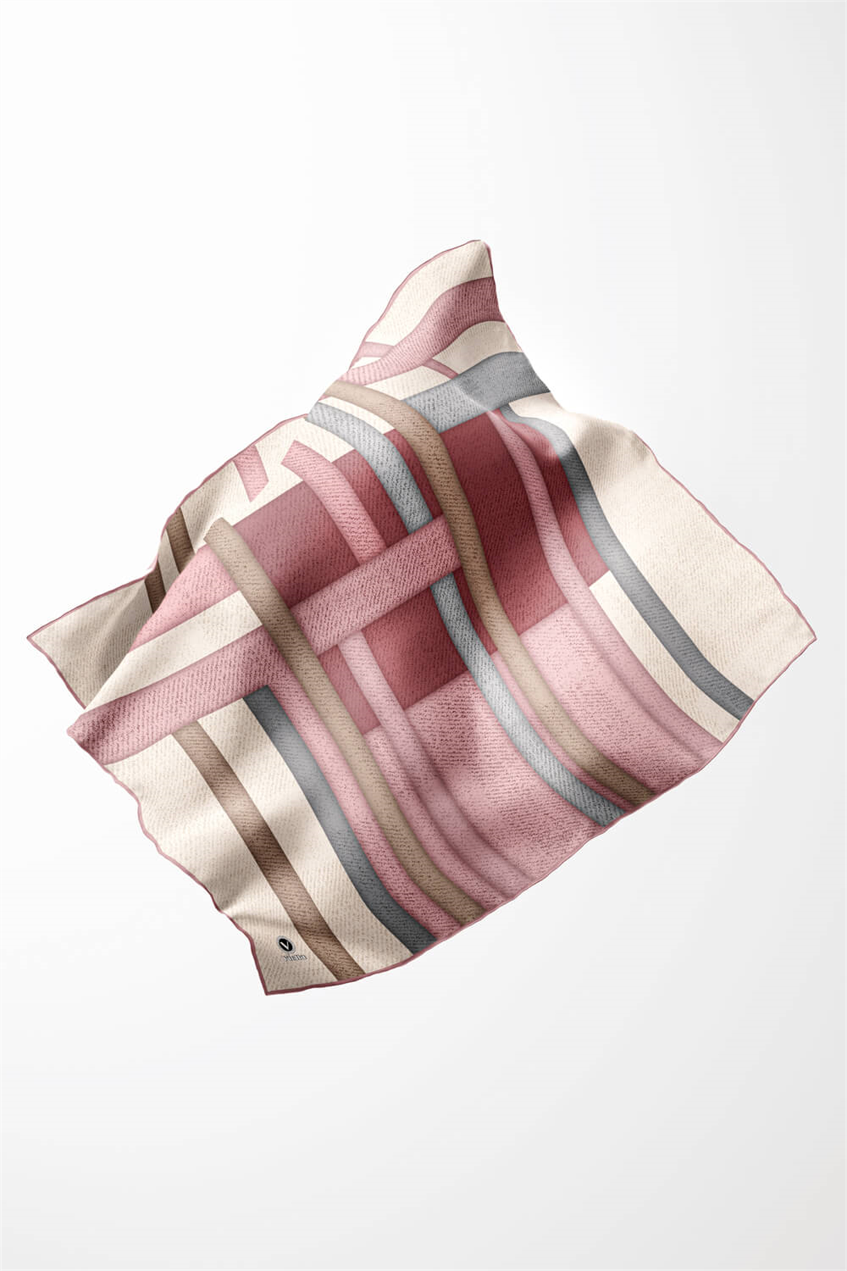 Twill Renkli Şerit Desenli Pudra Renkli 90x90 Eşarp (İpek İçermez) Kenar Dikiş Şekli El Dikişli