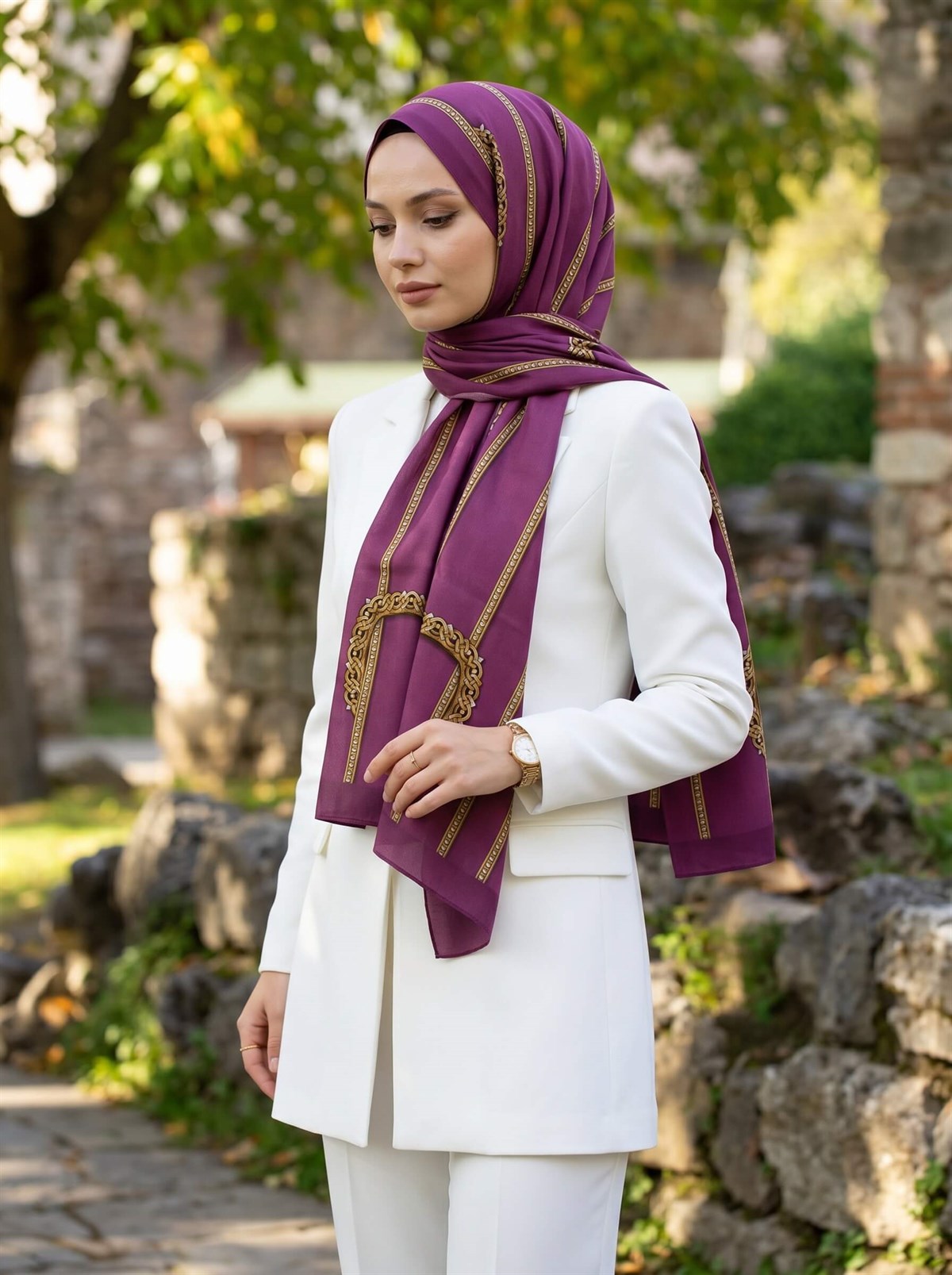 KREP ZİNCİR DESENLİ MÜRDÜM RENKLİ 75X195 KIRIŞMAZ ŞAL