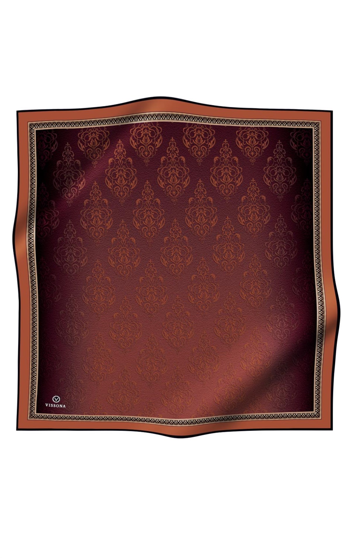 %100 Twill İpek Eşarp 90x90 Taba Barok Desenli El Dikişli Kadın Eşarp