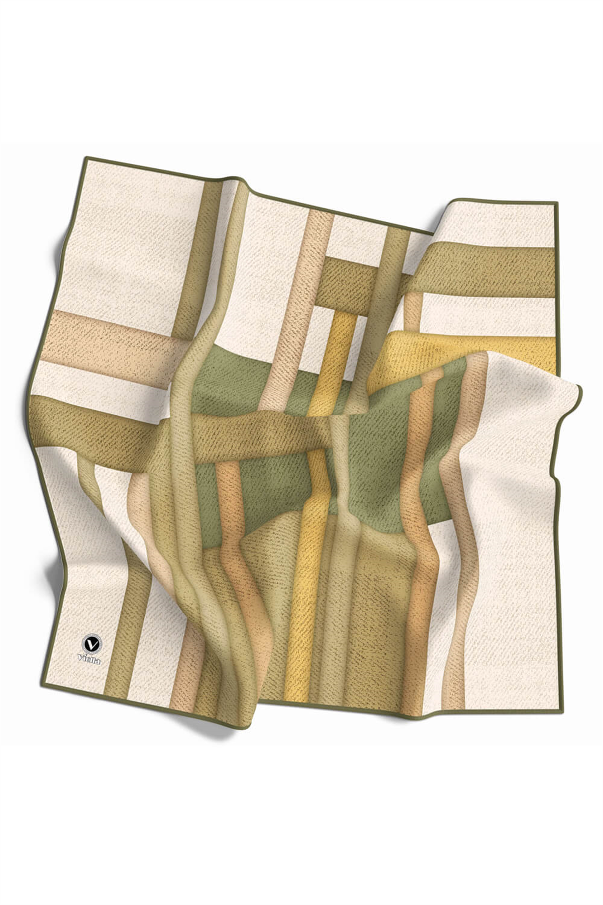 Twill Renkli Şerit Desenli Haki Renkli 90x90 Eşarp (İpek İçermez) Kenar Dikiş Şekli El Dikişli