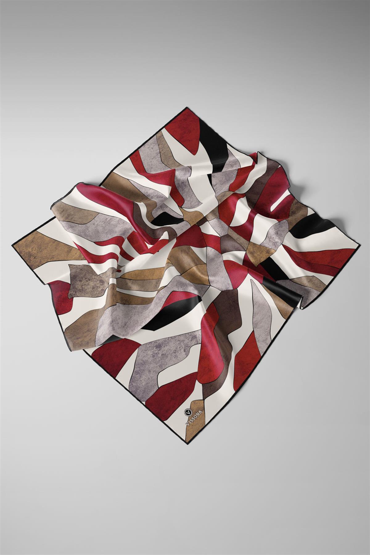 %100 Twill İpek Geometrik Desenli Bej - Bordo Renkli 90x90 Eşarp Dikim Şekli : El Dikişi