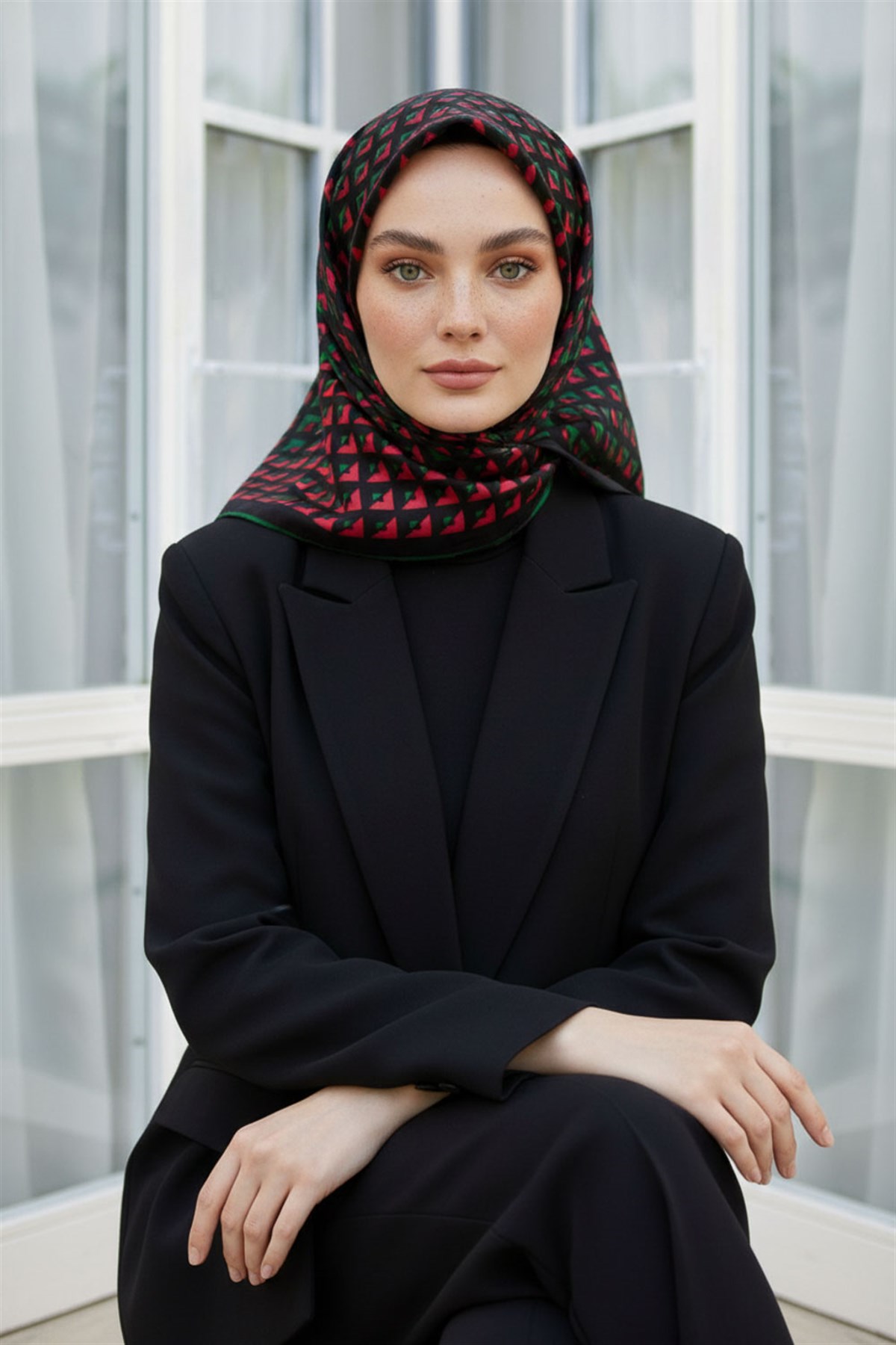%100 Twill İpek Geometrik Desenli Kırmızı - Zümrüt Yeşili Renkli 90x90 Eşarp Dikim Şekli : El Dikişi