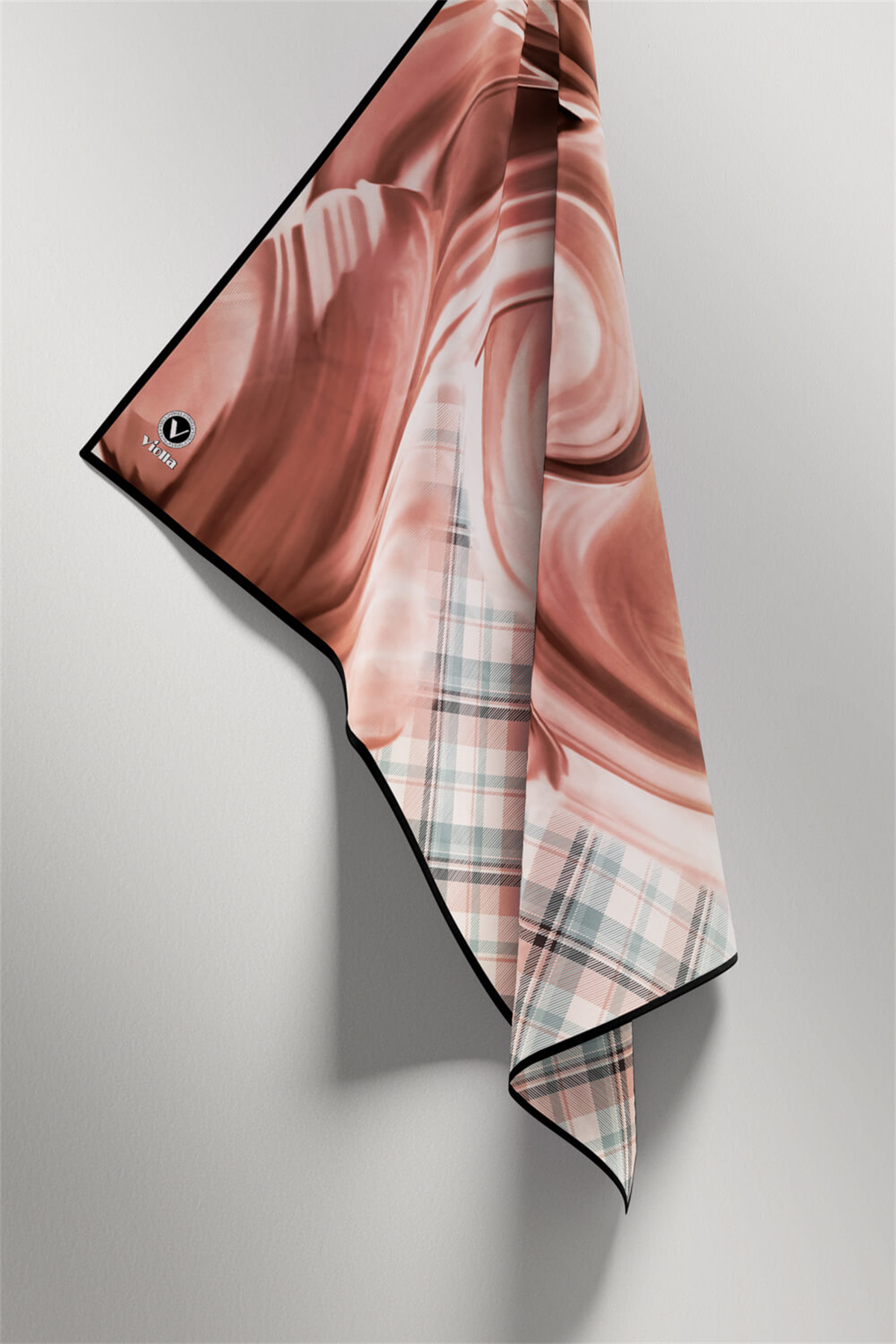 Twill Dalga ve Ekose Desenli Somon Renkli 90x90 Eşarp (İpek İçermez)Kenar Dikiş Şekli El Dikişli