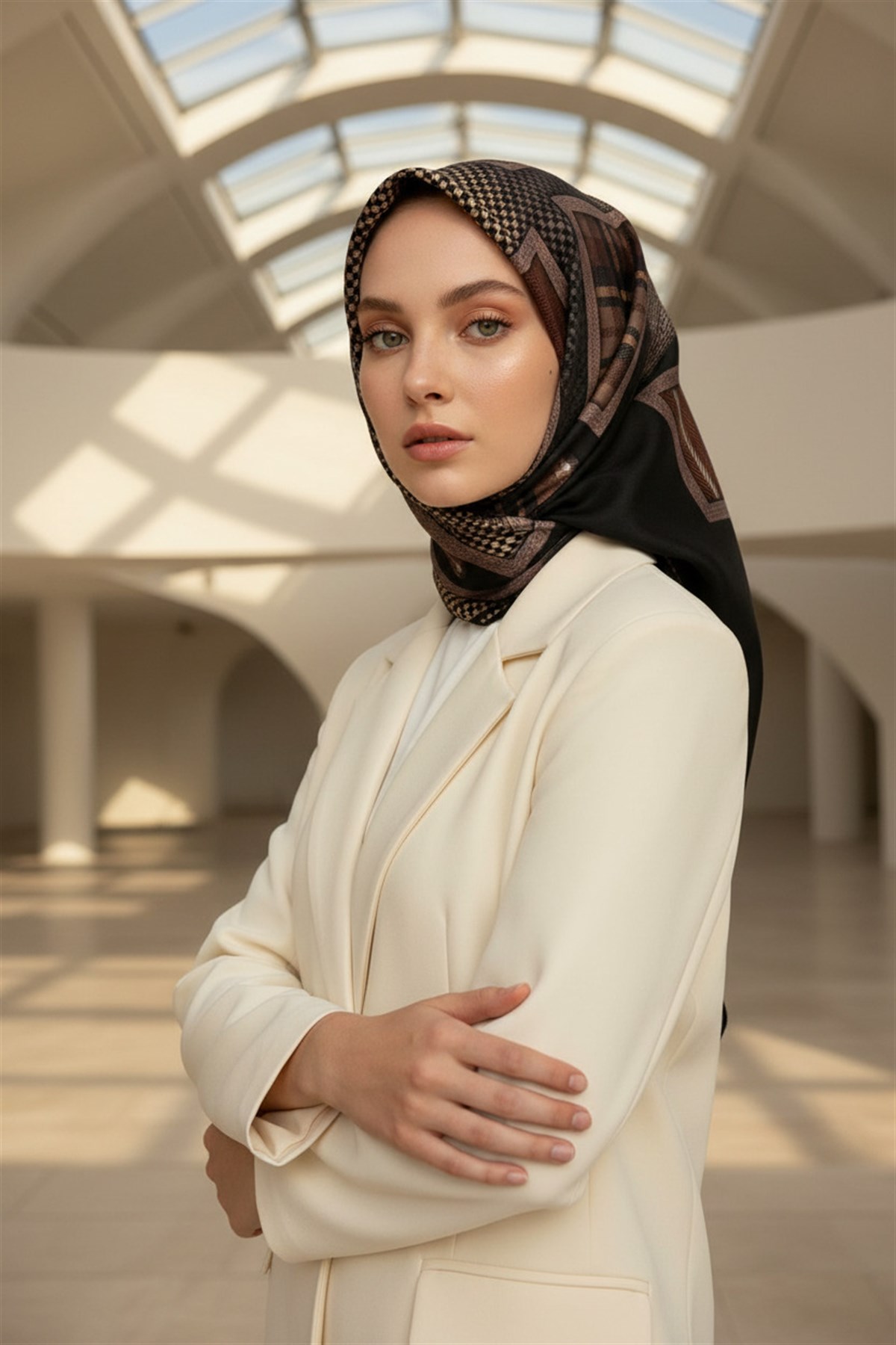 %100 Twill İpek Kazakayaklı Ve Ekose Desenli Siyah - Taba Renkli 90x90 Eşarp Dikim Şekli : El Dikişi