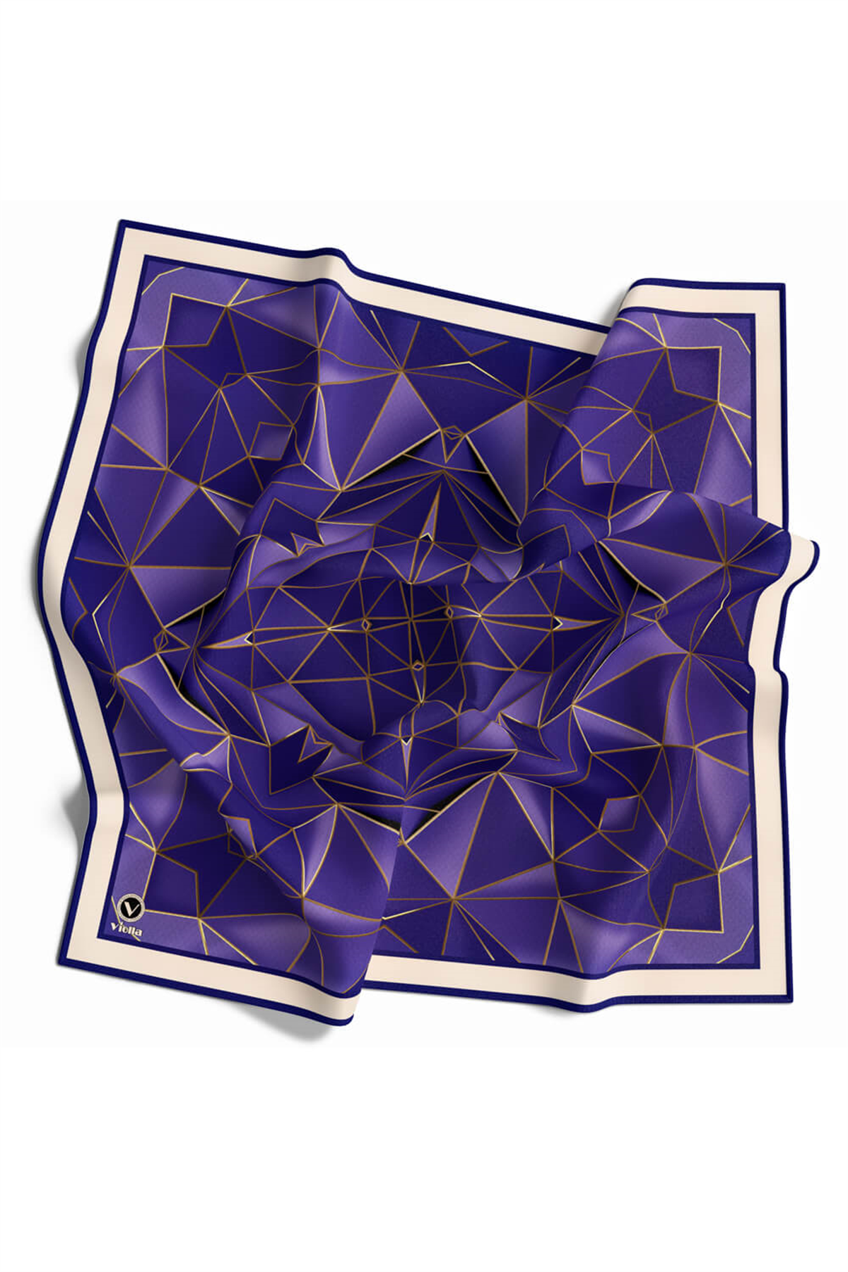 Twill Geometrik Desenli Saks Renkli 90x90 Eşarp (İpek İçermez) Kenar Dikiş Şekli El Dikişli