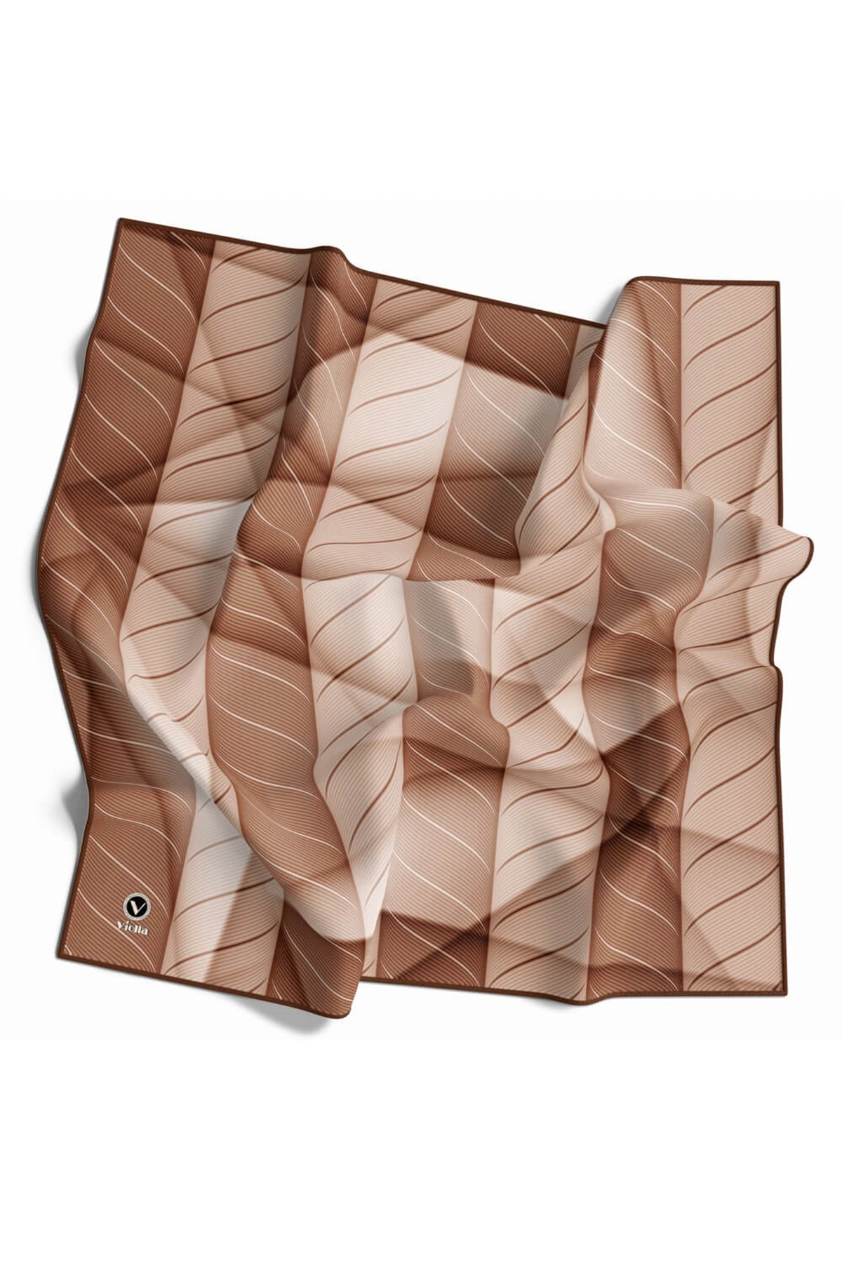 Twill Şeritli Geometrik Desenli Taba Renkli 90x90 Eşarp (İpek İçermez) Kenar Dikiş Şekli El Dikişli
