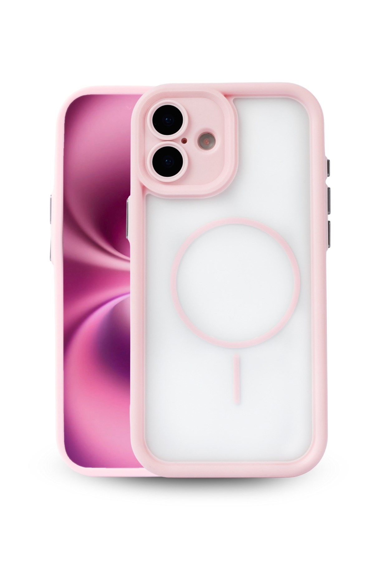 iPhone 16 Plus Kılıf – Kamera Korumalı – MagSafe Uyumlu – Pembe Renk – Mat Silikon Telefon Kılıfı