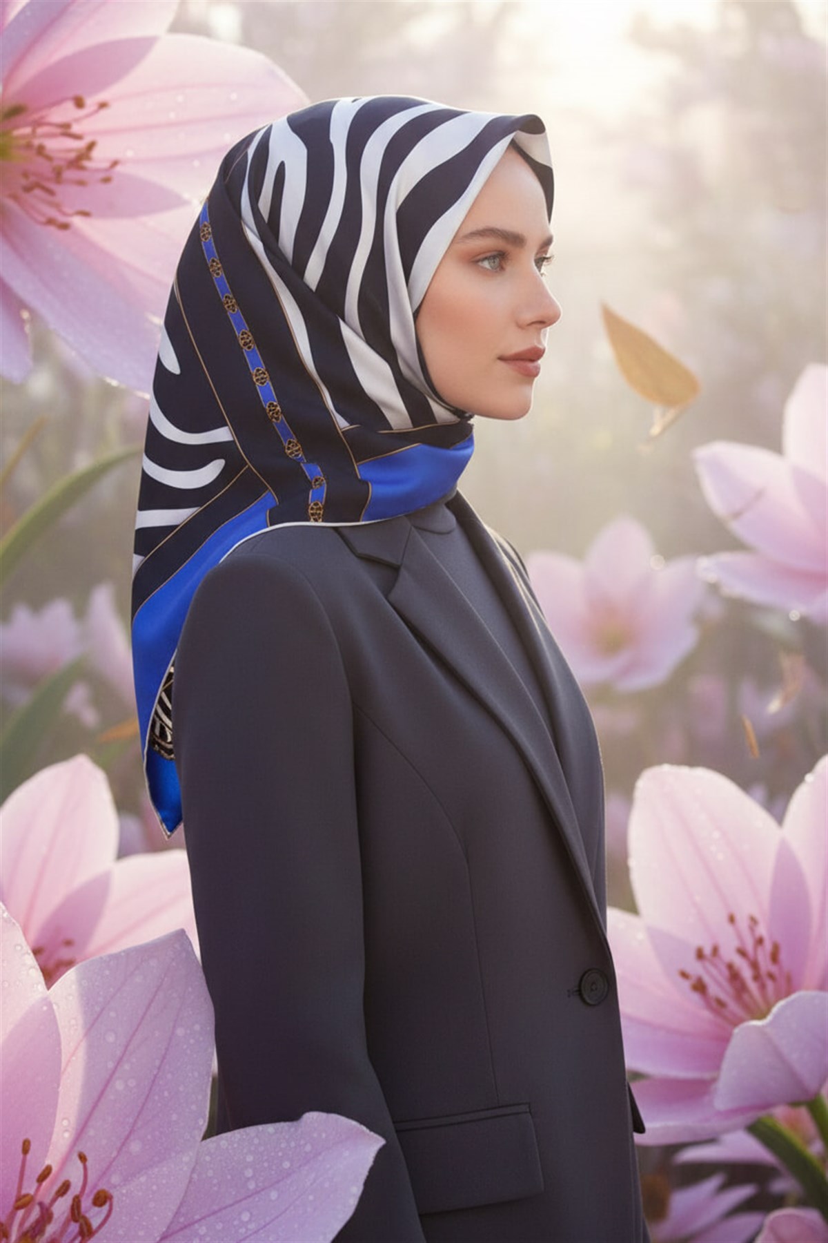 %100 Twill İpek Zebra Desenli Saks - Lacivert  Renkli 90x90 Eşarp Kenar Dikiş Şekli El Dikişli