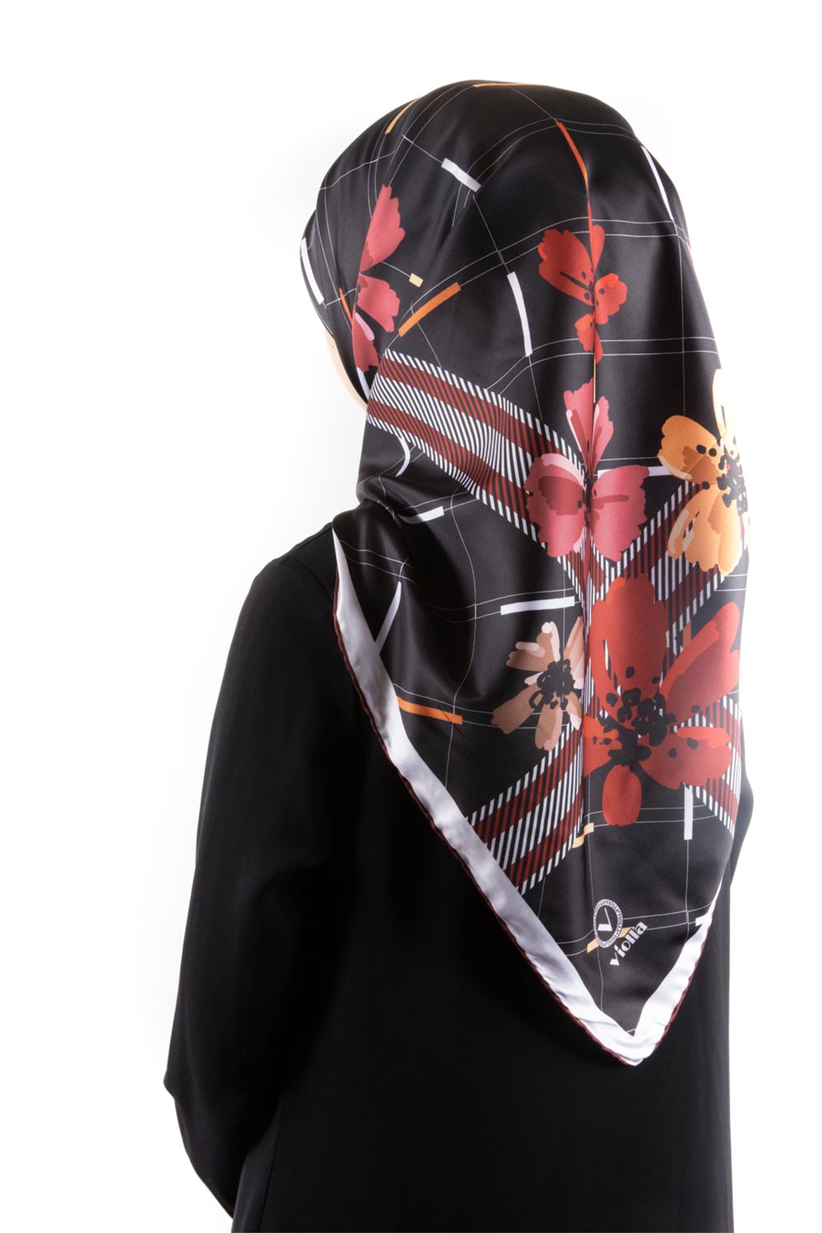 Twill Papatya Desenli Bordo Renkli 90x90 Eşarp (İpek İçermez) Kenar Dikiş Şekli El Dikişli