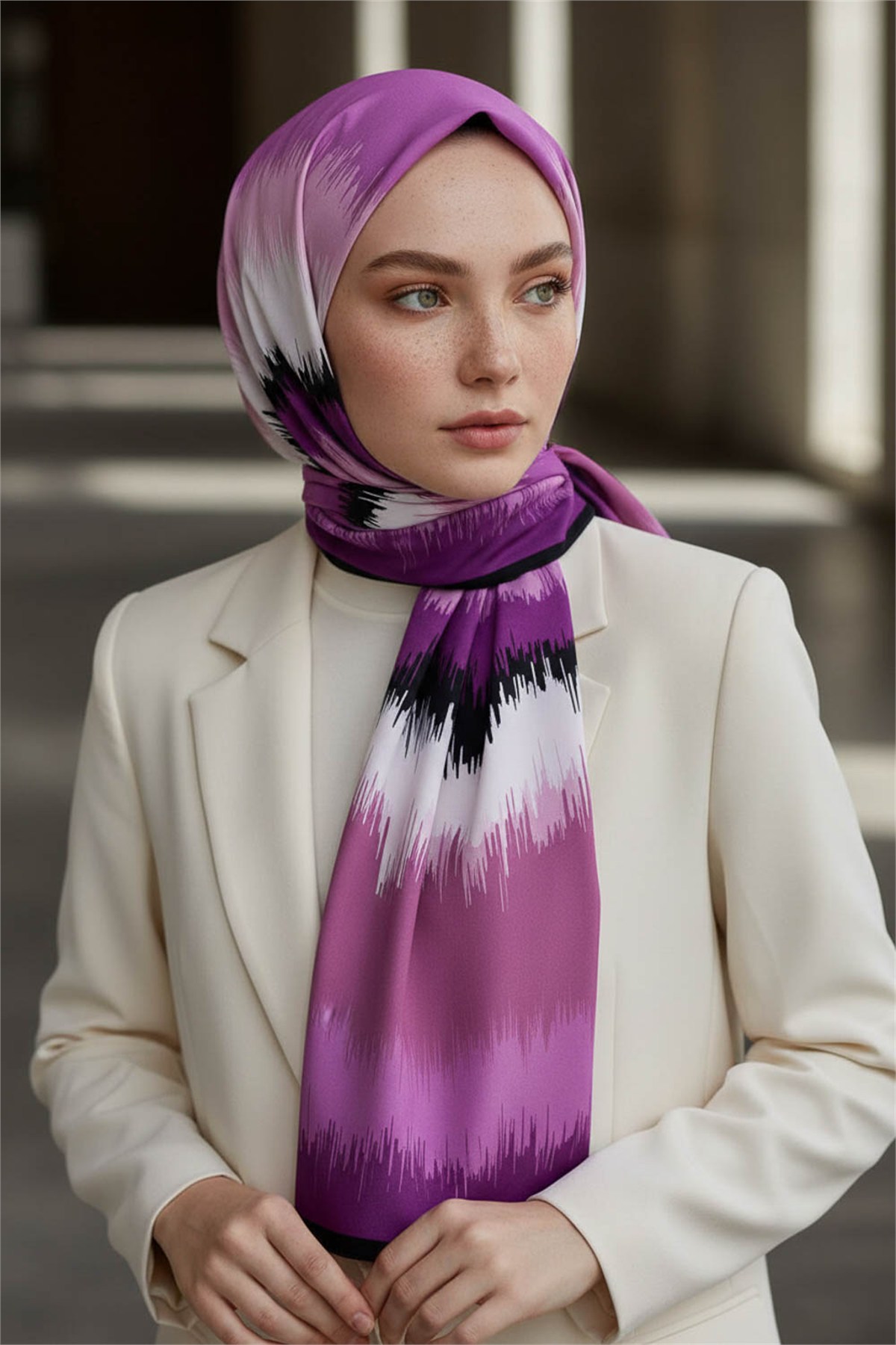 KREP FREKANS DESENLİ MOR RENKLİ 75X195 KIRIŞMAZ ŞAL