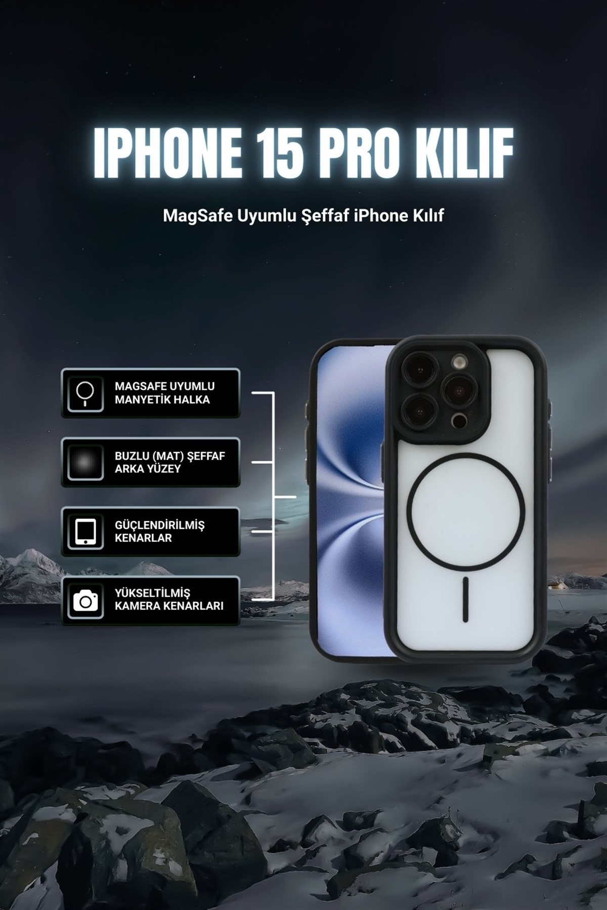 iPhone 15 Pro Uyumlu Kamera Korumalı Magsafe Wireless Şarj Özellikli Mat Silikon Siyah renkli Silikon Telefon Kılıfı