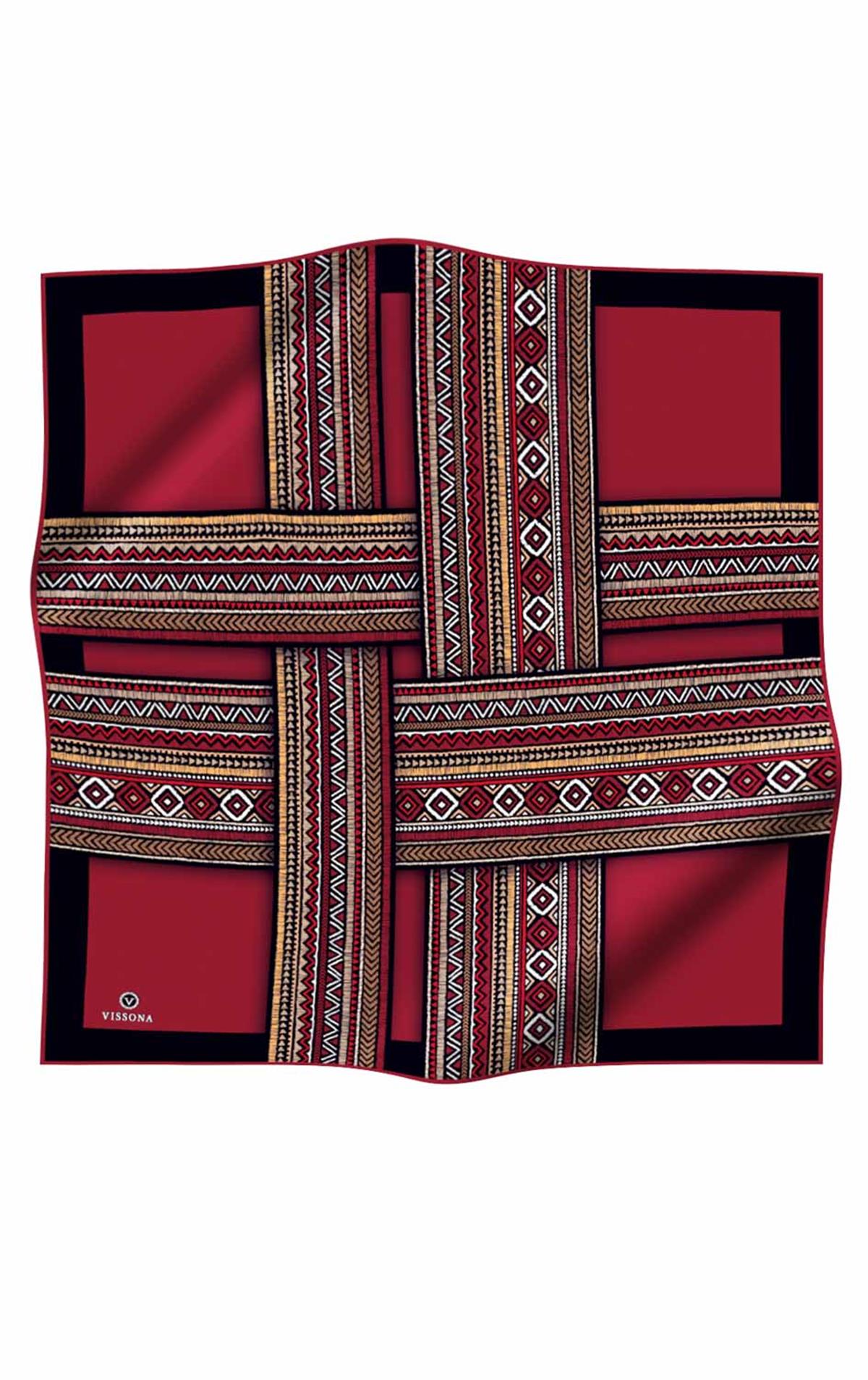 %100 Twill İpek Etnik Desenli Siyah - Bordo Renkli 90x90 Eşarp Dikim Şekli : El Dikişi