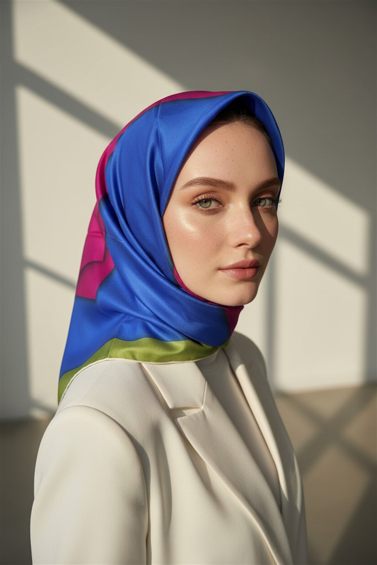 %100 Twill Renk Bloklu Çizgili Desenli Fuşya - Saks Renkli 90x90 Eşarp Dikim Şekli: El Dikişii