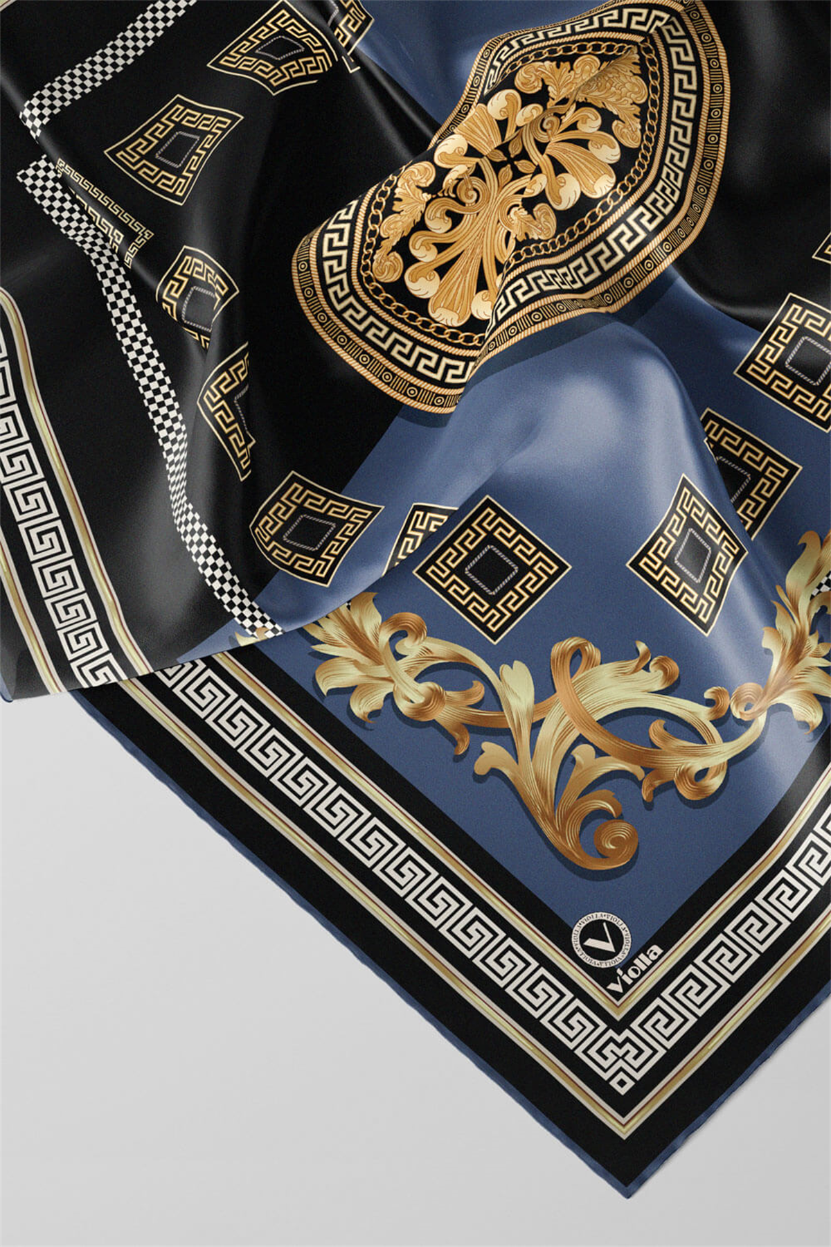 Twill Barok Desenli İndigo Renkli 90x90 Eşarp (İpek İçermez) Kenar Dikiş Şekli El Dikişli